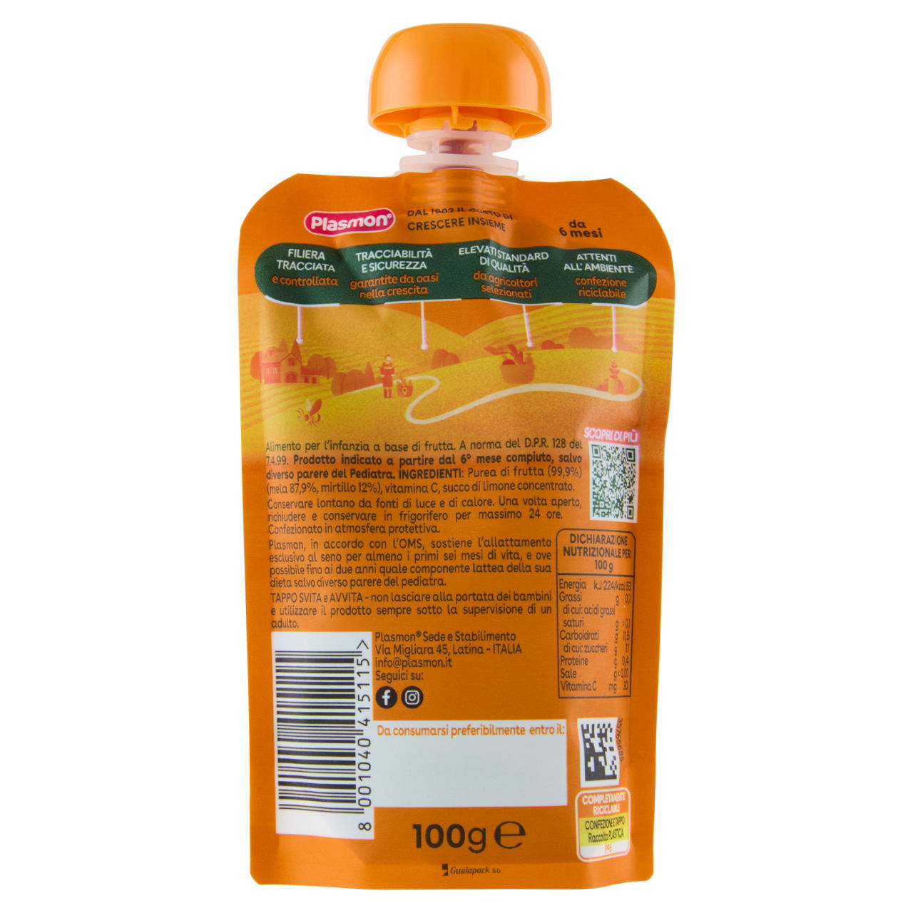 100% Frutta Plasmon mela e mirtillo 100 g