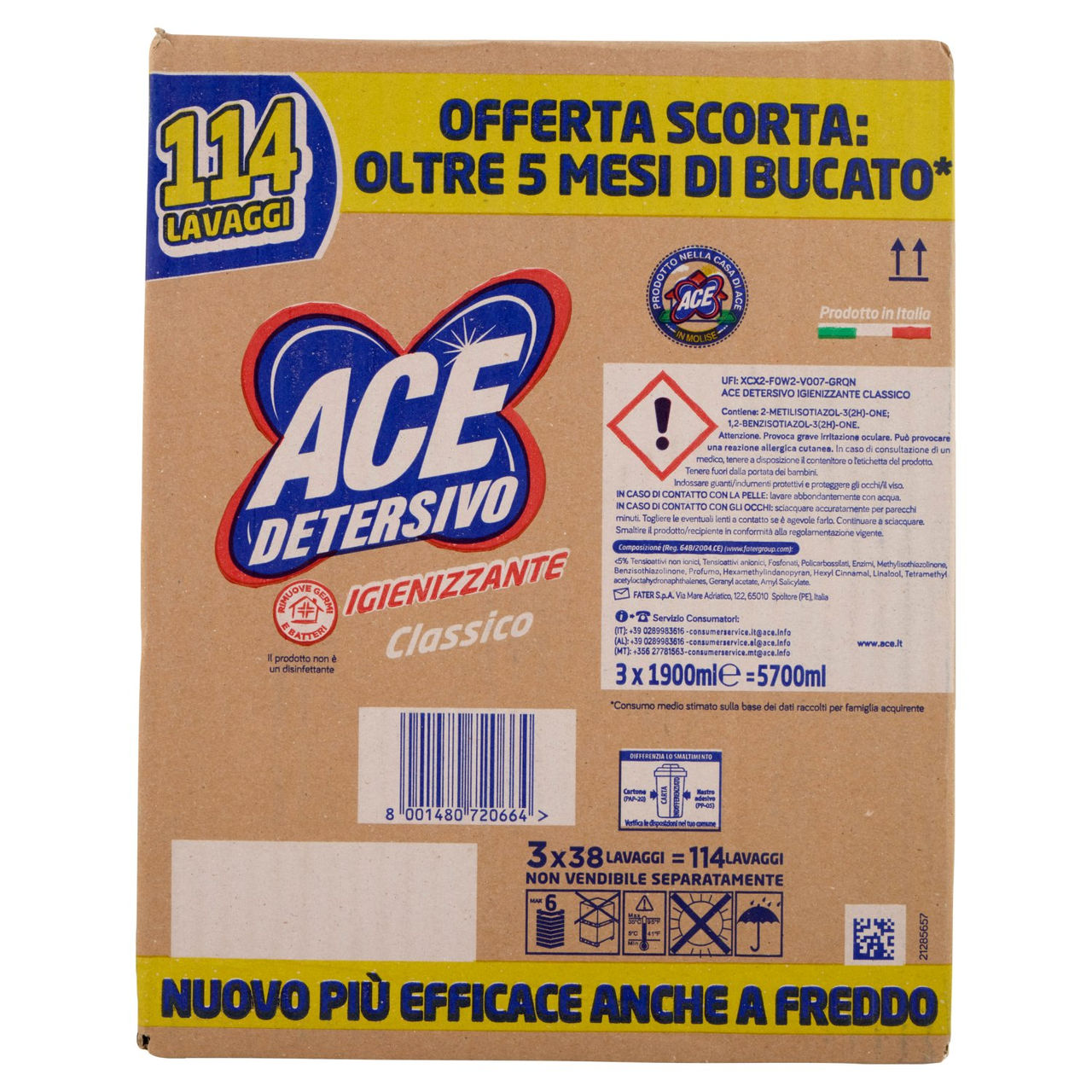 Ace Detersivo Igienizzante Classico 3 x 38 Lavaggi 3 x 1900 ml