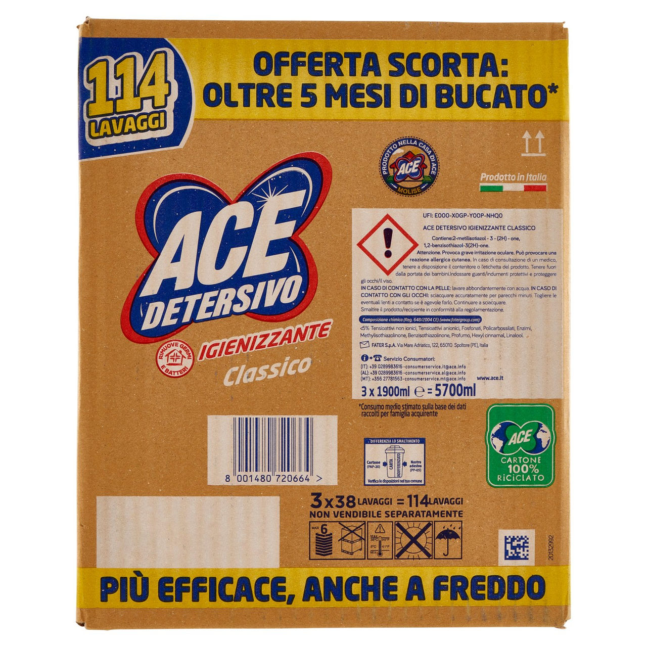 Ace Detersivo Liquido Igienizzante Classico 3 x 38 Lavaggi 3 x 1900 ml