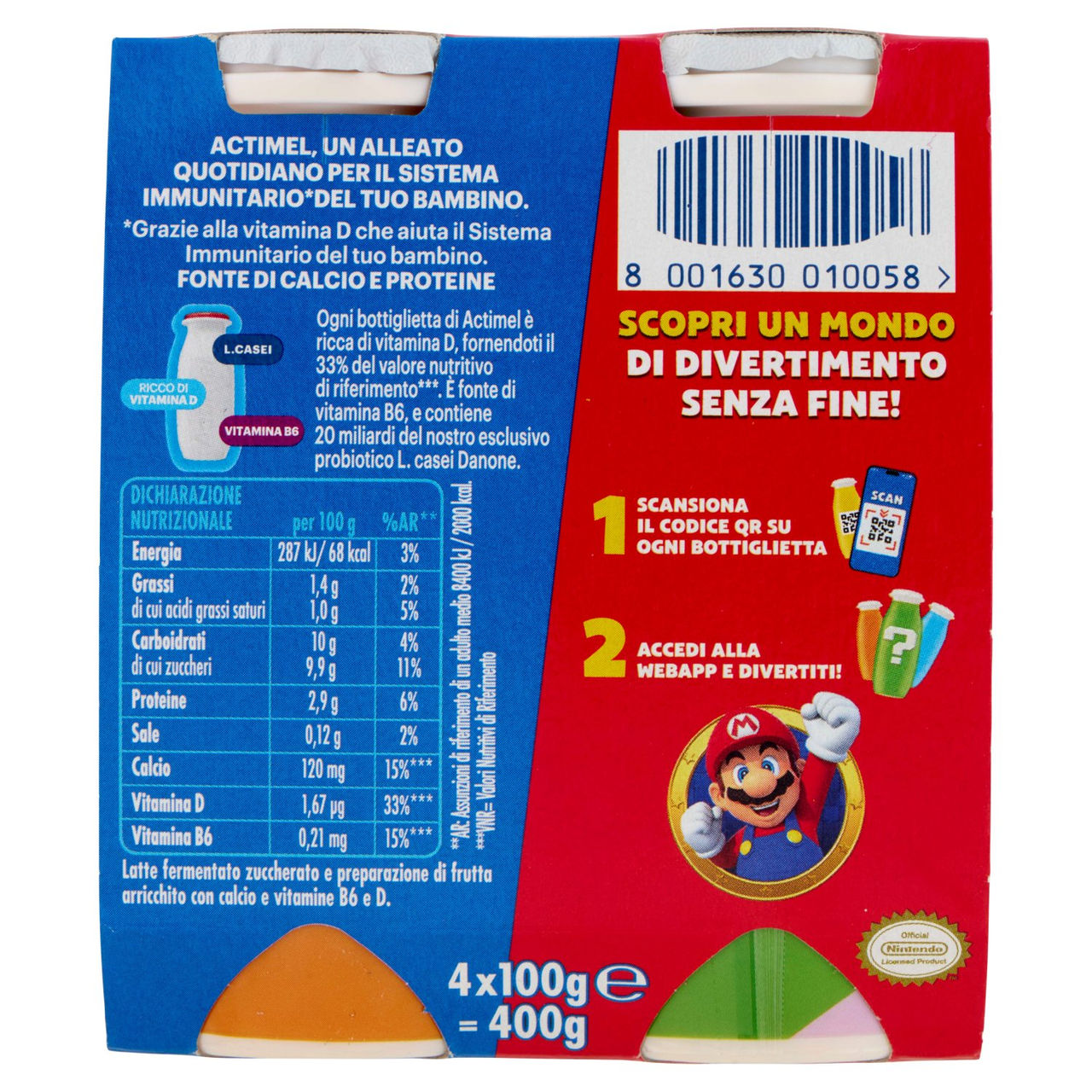 ACTIMEL SuperMario, Yogurt da Bere con Vit B6 e D per il Sistema Immunitario, gusto fragola, 4X100G