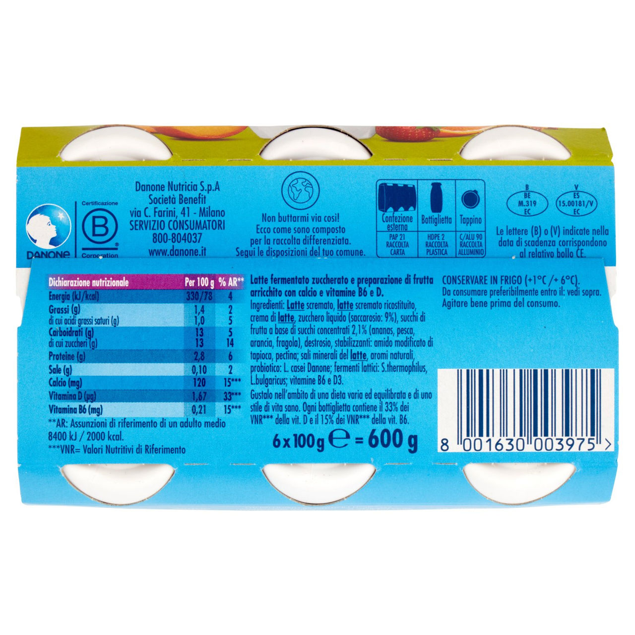 Actimel yogurt da bere arricchito con calcio, vitamina B6 e D, gusto multifrutti 6 x 100 g