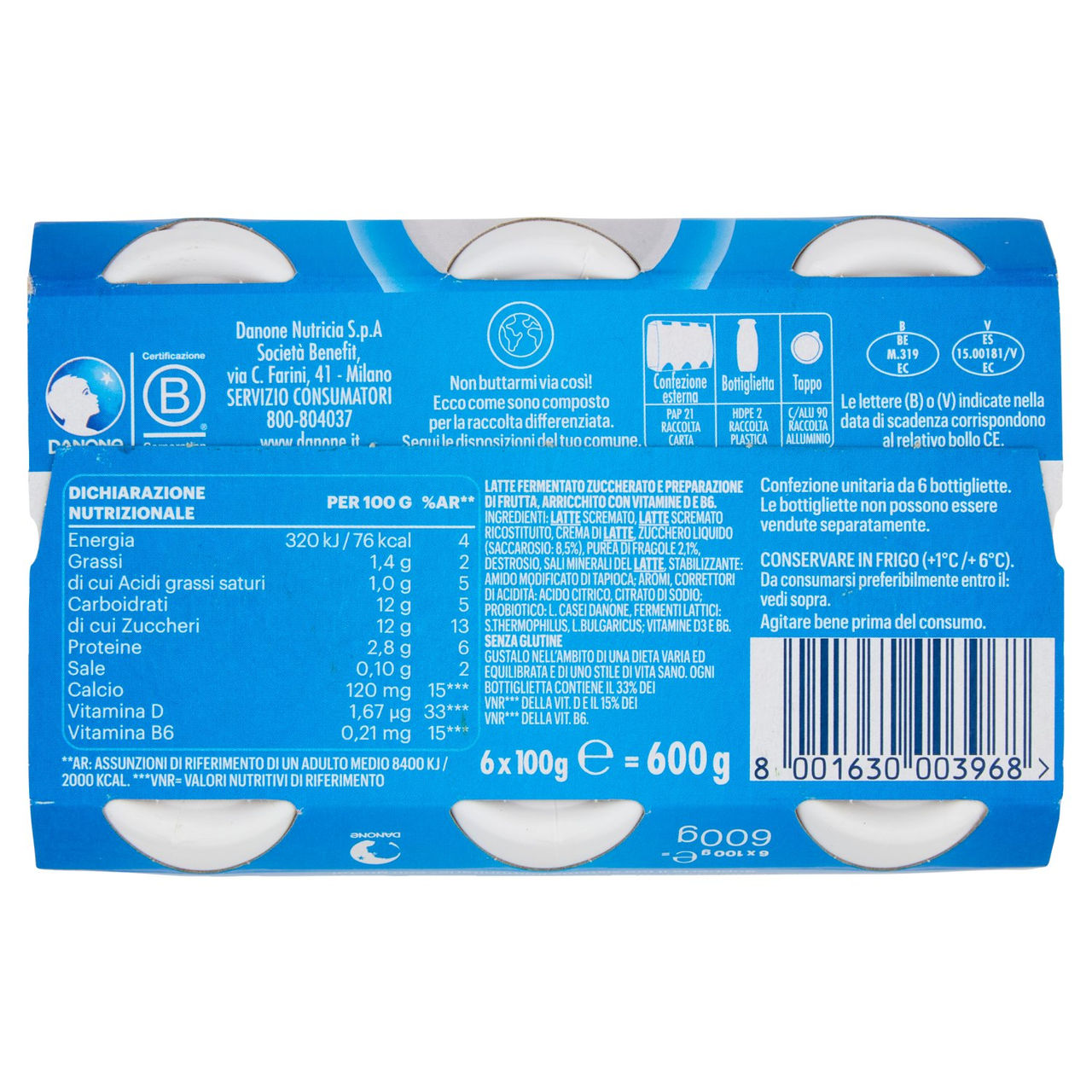 ACTIMEL, Yogurt da Bere con Vit B6 e D per il Sistema Immunitario, gusto fragola, 6X100G