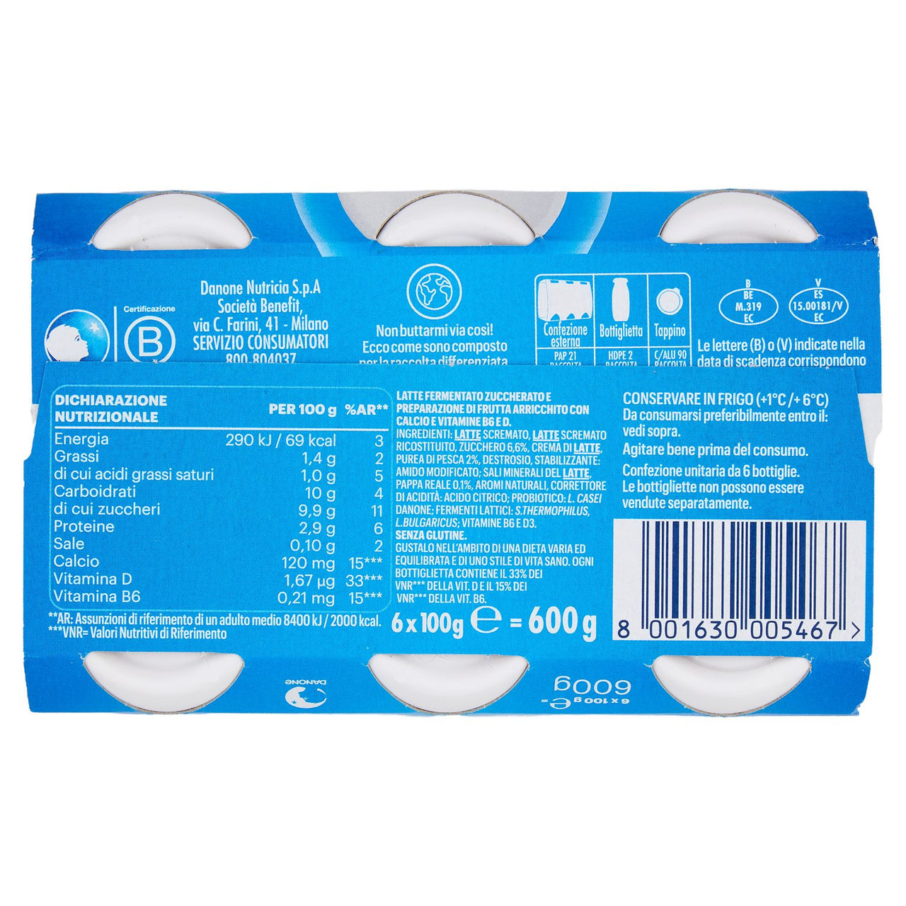 ACTIMEL, Yogurt da Bere con Vit B6 e D per il Sistema Immunitario, gusto Pesca e Pappa reale, 6X100G