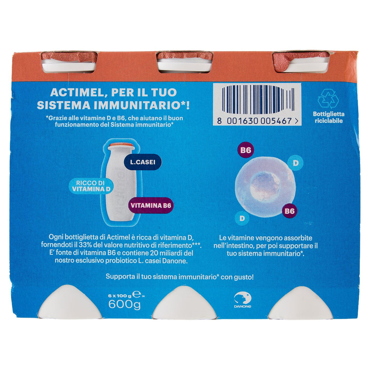 ACTIMEL, Yogurt da Bere con Vit B6 e D per il Sistema Immunitario, gusto Pesca e Pappa reale, 6X100G