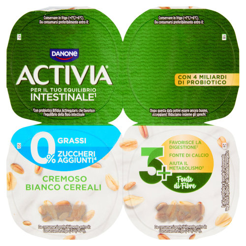 ACTIVIA Fibre, Yogurt con Probiotico Bifidus, 0% Grassi, 0% Zuccheri Aggiunti, Bianco Cereali,4x125g