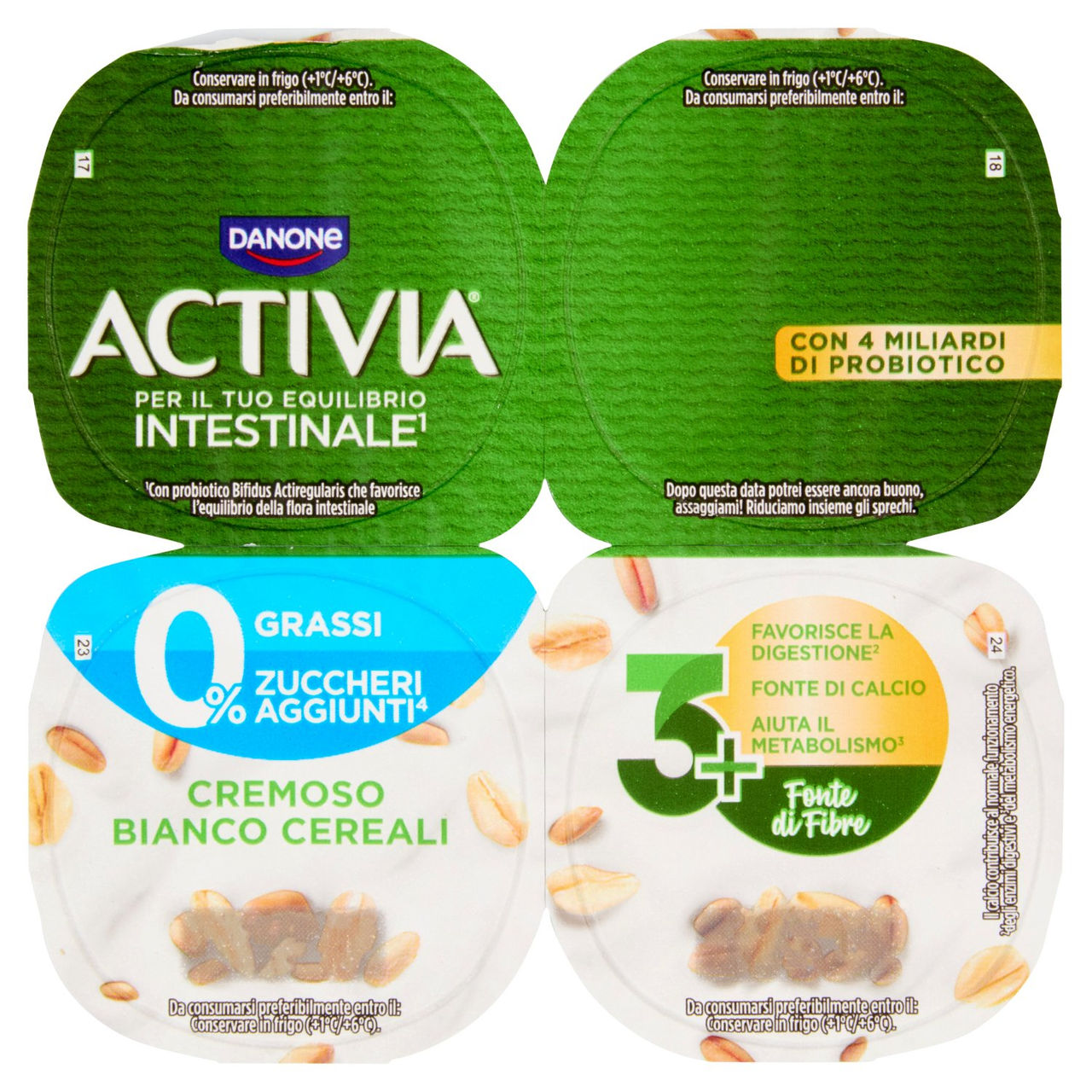 ACTIVIA Fibre, Yogurt con Probiotico Bifidus, 0% Grassi, 0% Zuccheri Aggiunti, Bianco Cereali,4x125g