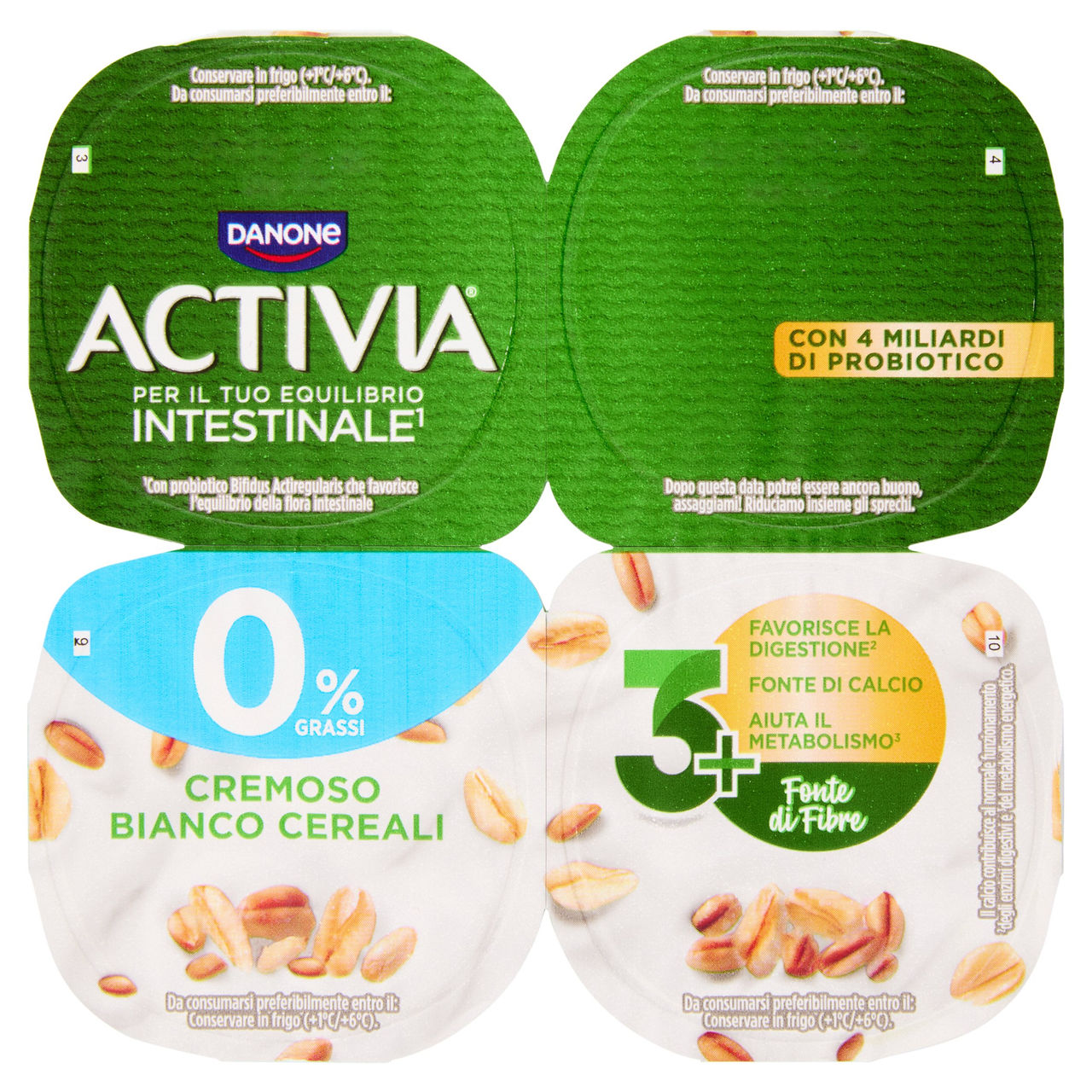 ACTIVIA Fibre, Yogurt con Probiotico Bifidus, 0% Grassi, Bianco Cereali, 4x125g