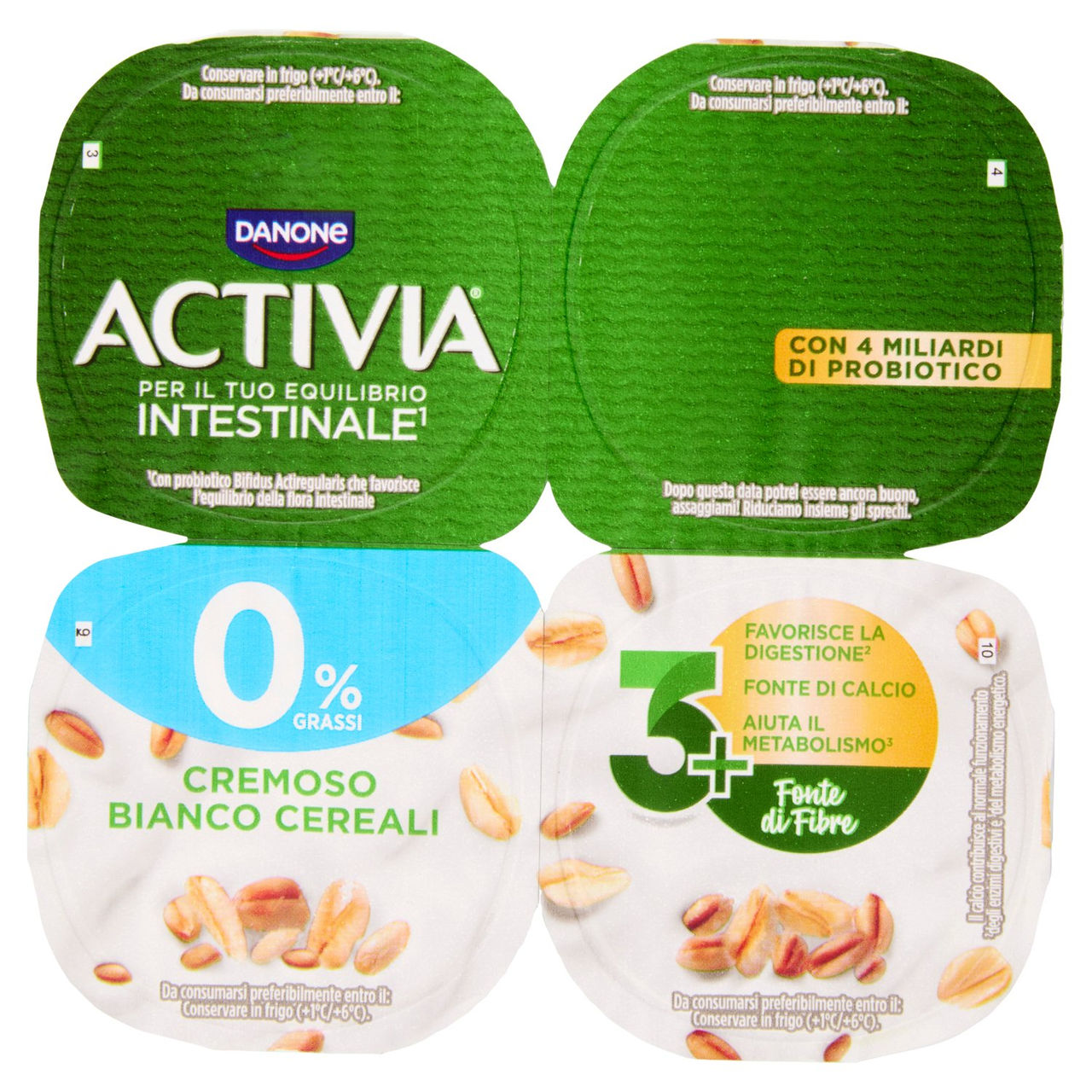 ACTIVIA Fibre, Yogurt con Probiotico Bifidus, 0% Grassi, Bianco Cereali, 4x125g