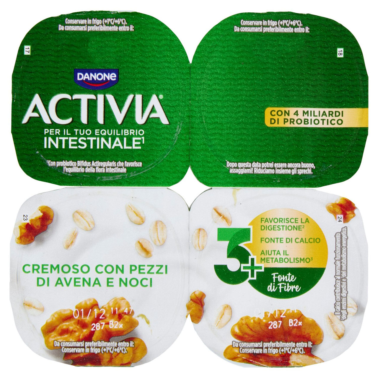 ACTIVIA Fibre Yogurt con Probiotico Bifidus, gusto Avena e Noci, 4x125g