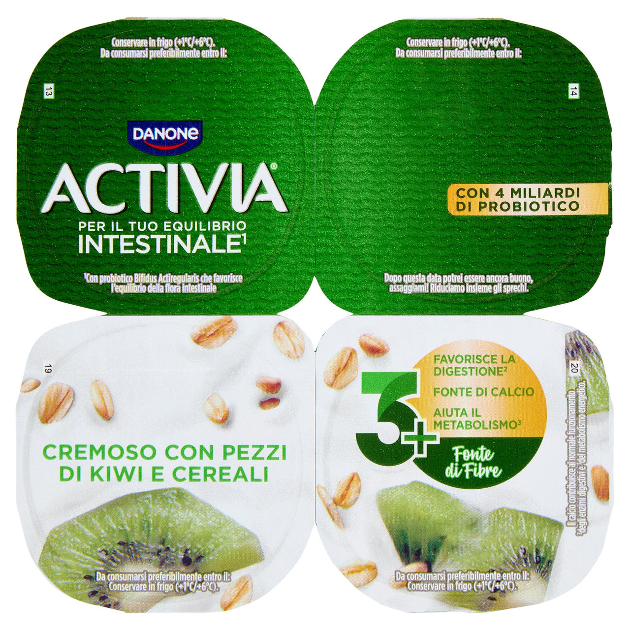 ACTIVIA Fibre Yogurt con Probiotico Bifidus, gusto Kiwi e Cereali, 4x125g