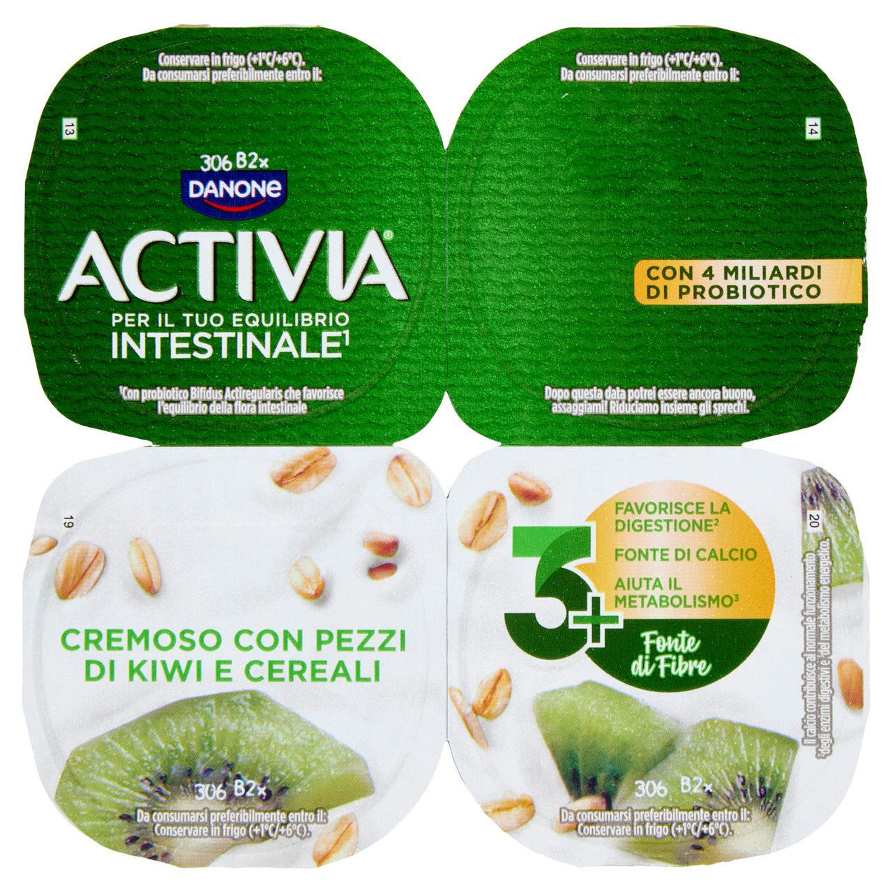 ACTIVIA Fibre Yogurt con Probiotico Bifidus, gusto Kiwi e Cereali, 4x125g