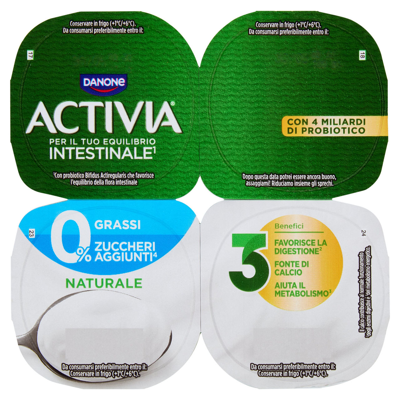 ACTIVIA Yogurt con Probiotico Bifidus, 0% Grassi, 0% Zuccheri Aggiunti, Bianco Naturale, 4x125g