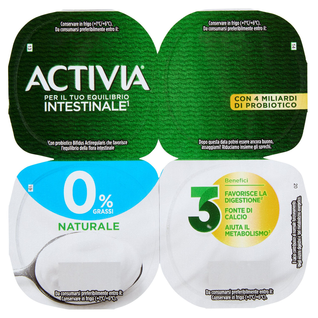 ACTIVIA Yogurt con Probiotico Bifidus, 0% Grassi, Bianco Naturale, 4x125g