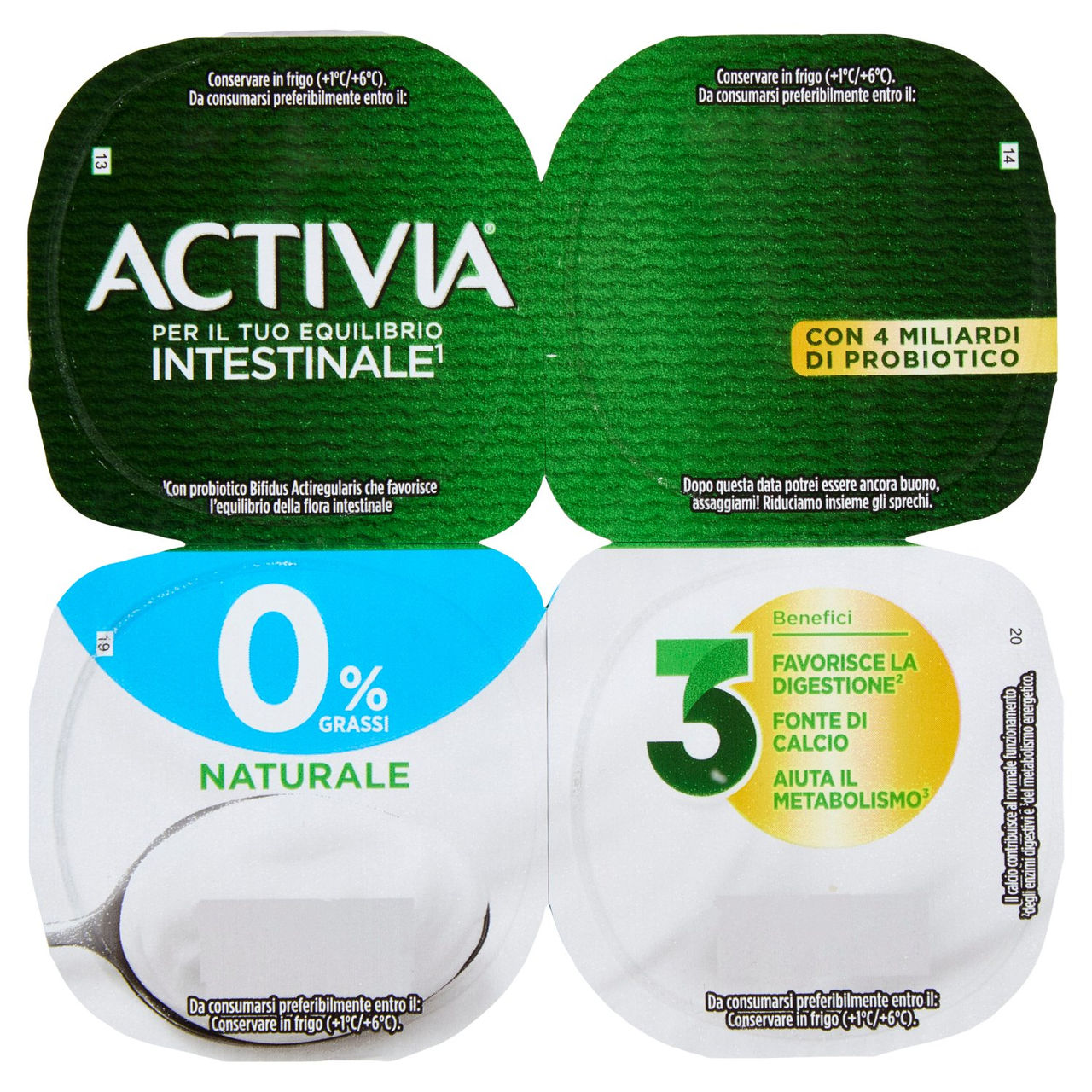 ACTIVIA Yogurt con Probiotico Bifidus, 0% Grassi, Bianco Naturale, 4x125g