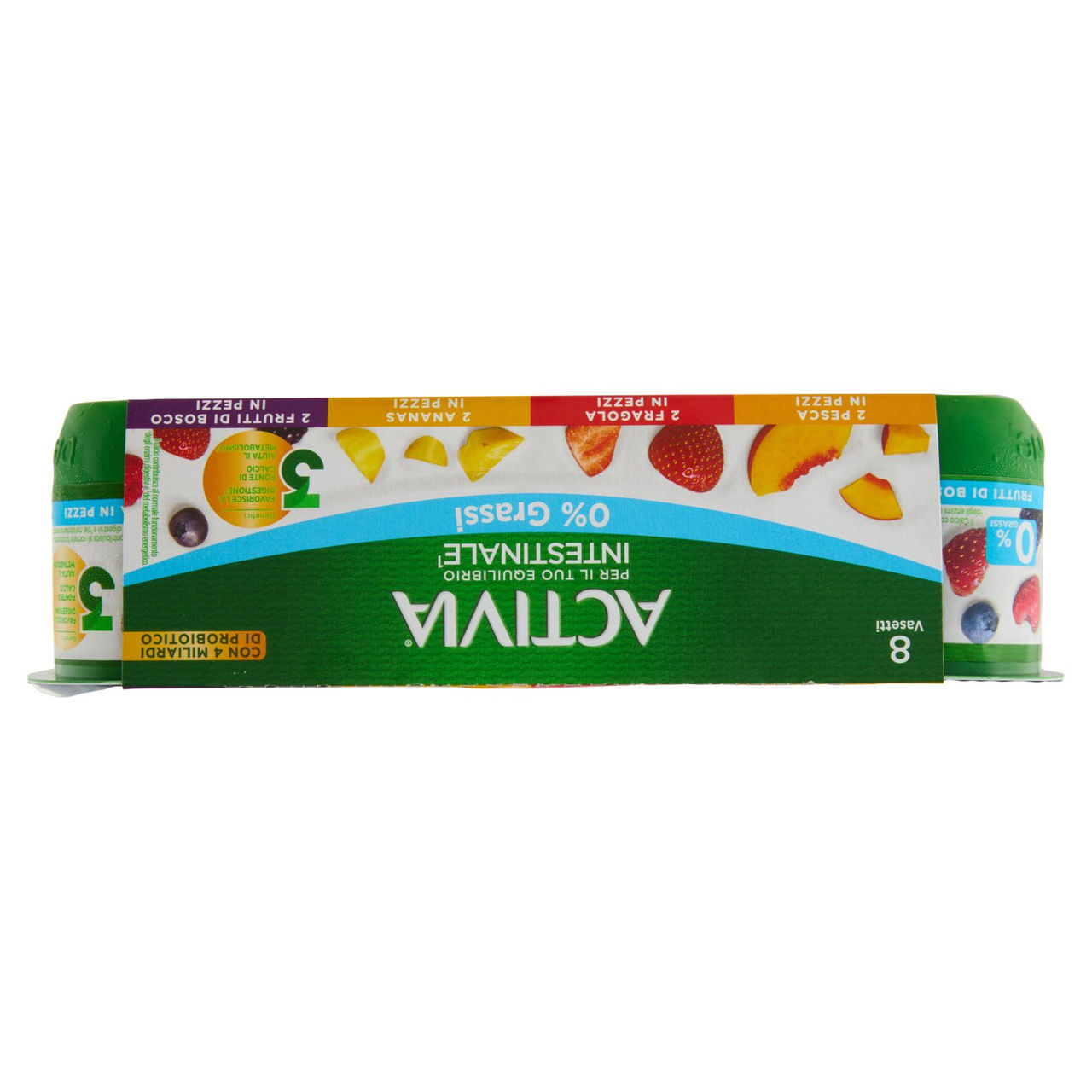 ACTIVIA Yogurt con Probiotico Bifidus, 0% Grassi, mix di gusti Pesca/Frag/Ananas/Frutti Bosco 8x125g