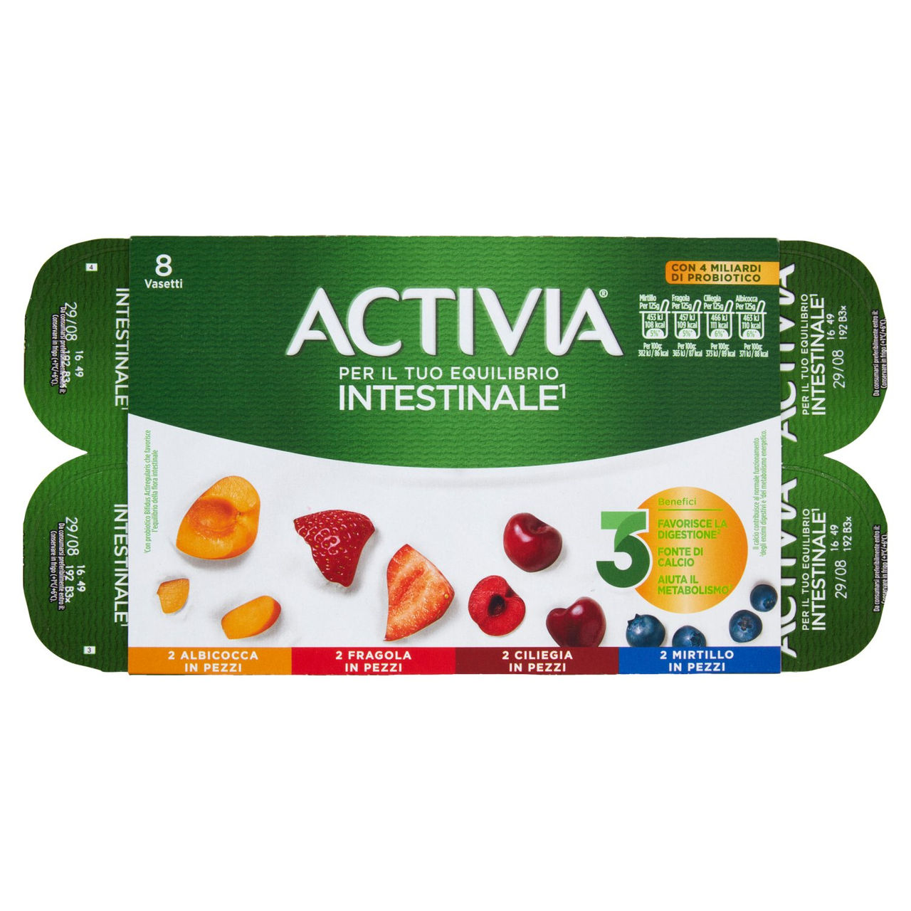 ACTIVIA Yogurt con Probiotico Bifidus, mix di gusti Mirtillo/Fragola/Ciliegia/Albicocca, 8x125g