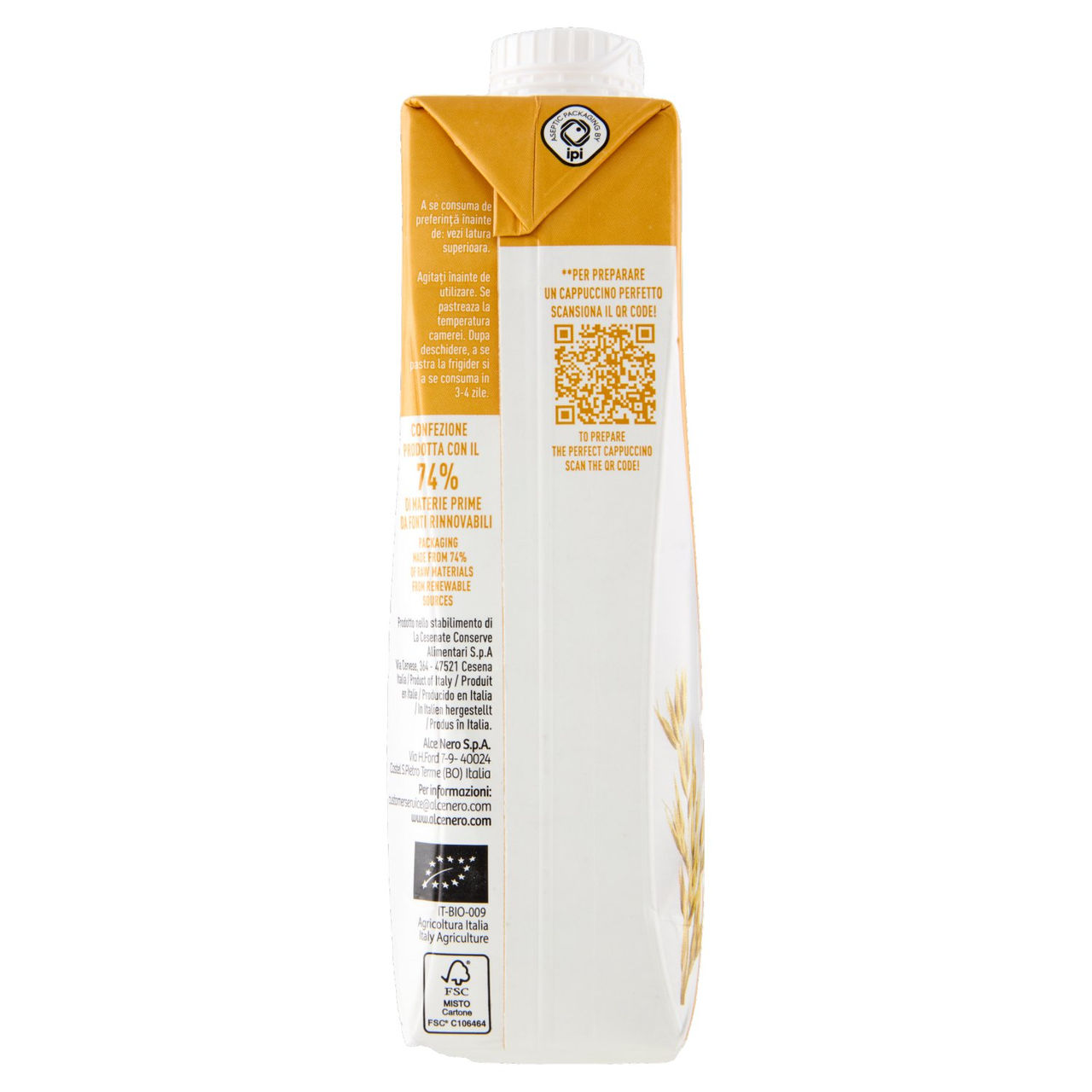 alce nero Bevanda Vegetale a Base di Avena Senza Zuccheri Aggiunti Barista** 500 ml