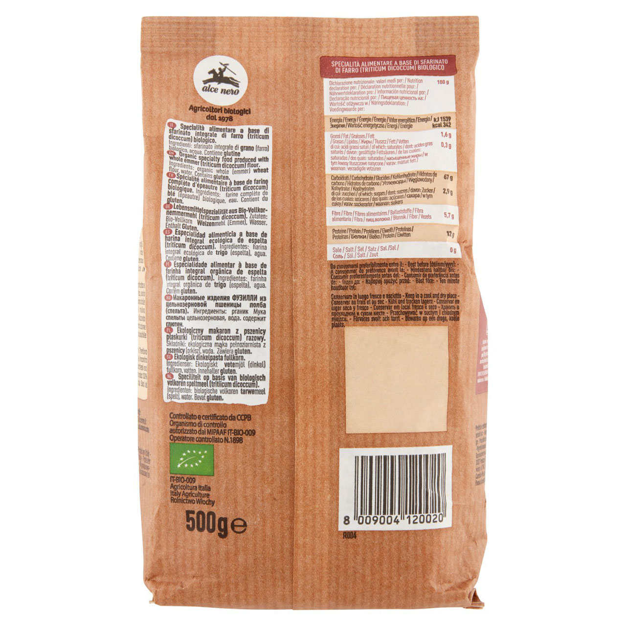 alce nero Penne Rigate Integrali Farro 500 g