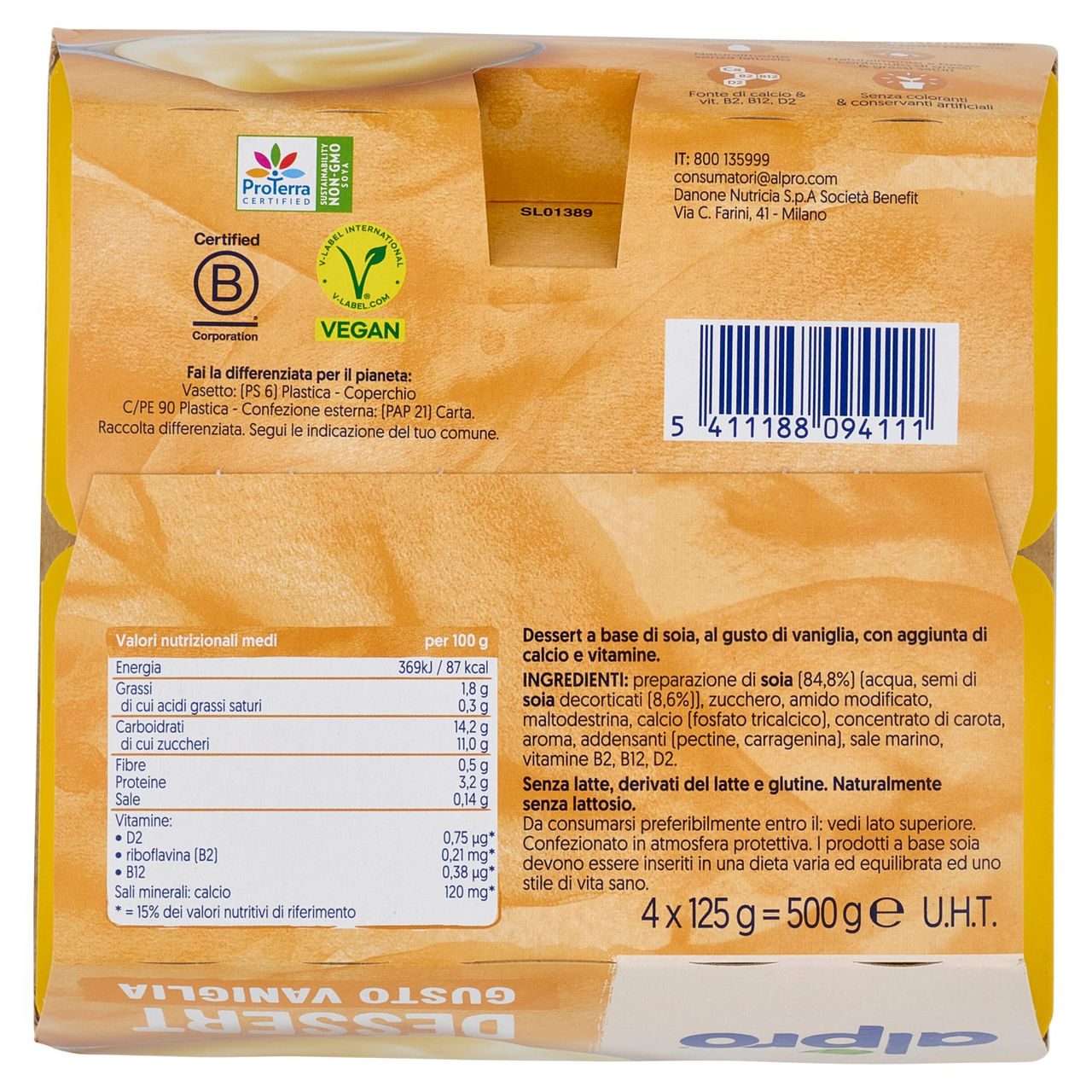 ALPRO Dessert 100% Vegetale Gusto Vaniglia, Senza Lattosio, Povero di Grassi, Fonte di Calcio,4X125g