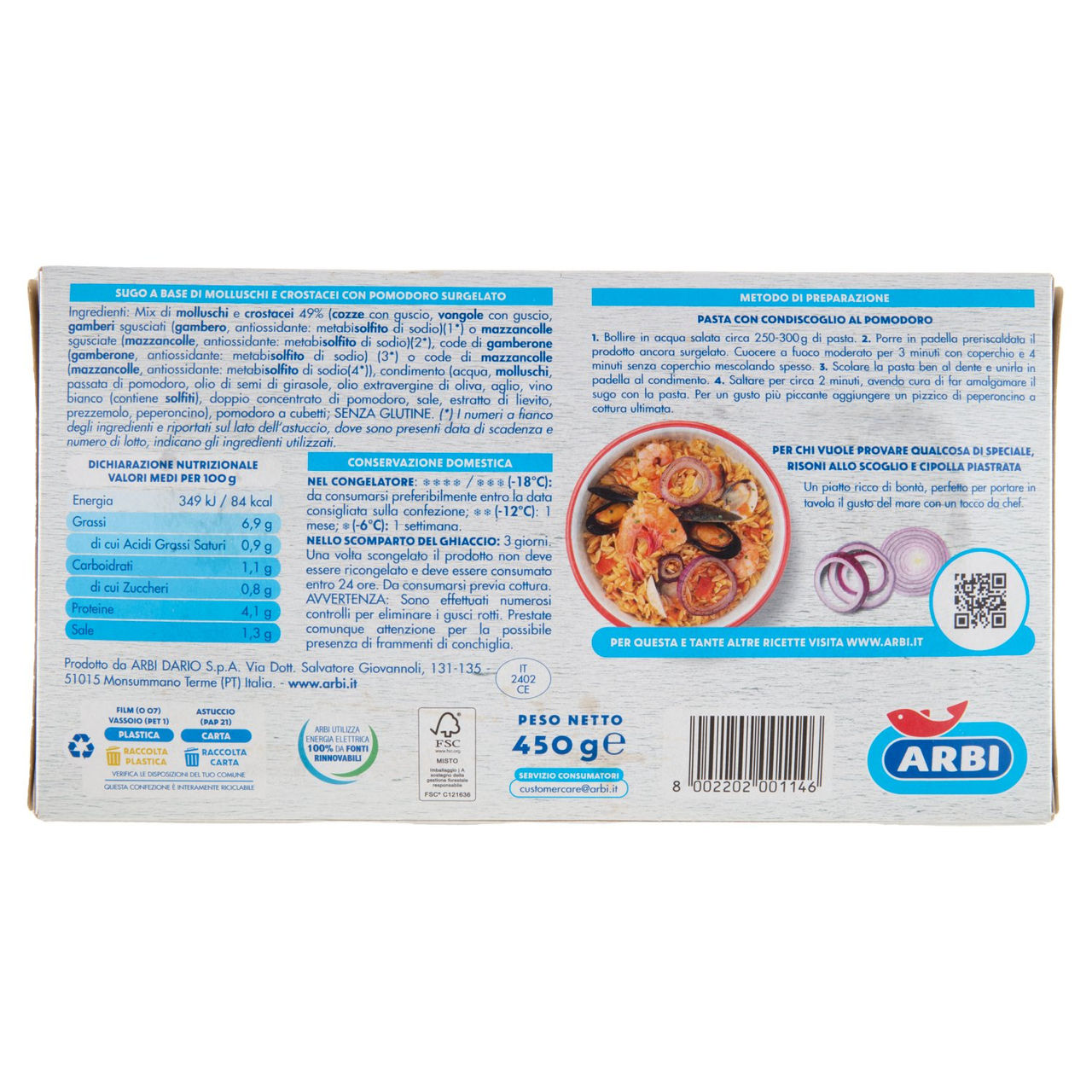 Arbi Condiscoglio al Pomodoro Sugo Pronto ai Frutti di Mare 450 g