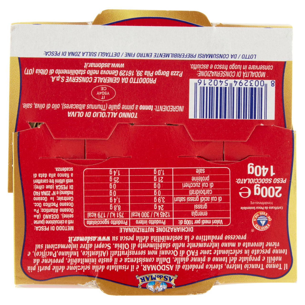 Asdomar Tonno trancio intero all'olio di oliva 200 g