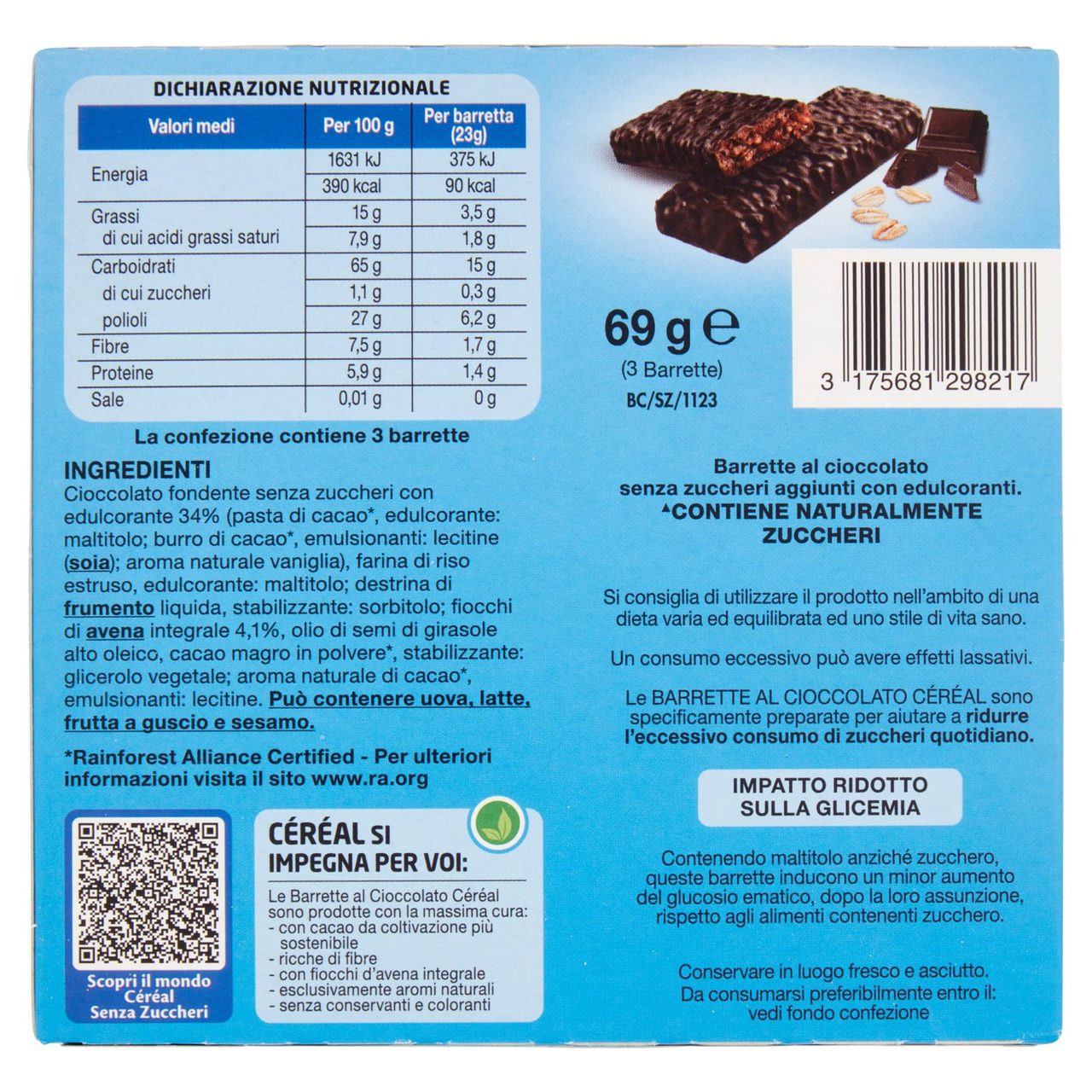 Céréal Senza Zuccheri Aggiunti* Barrette al Cioccolato, con Fiocchi di Avena Integrale - 69g