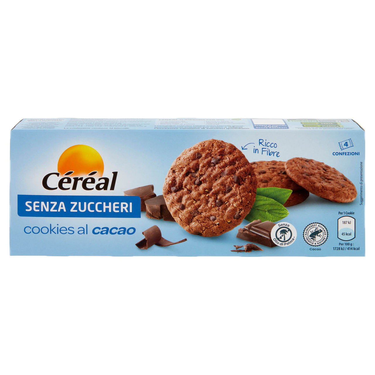 Céréal senza zuccheri Cookies al cacao Senza olio di palma Ricco in fibre 4 confezioni monodose 130g