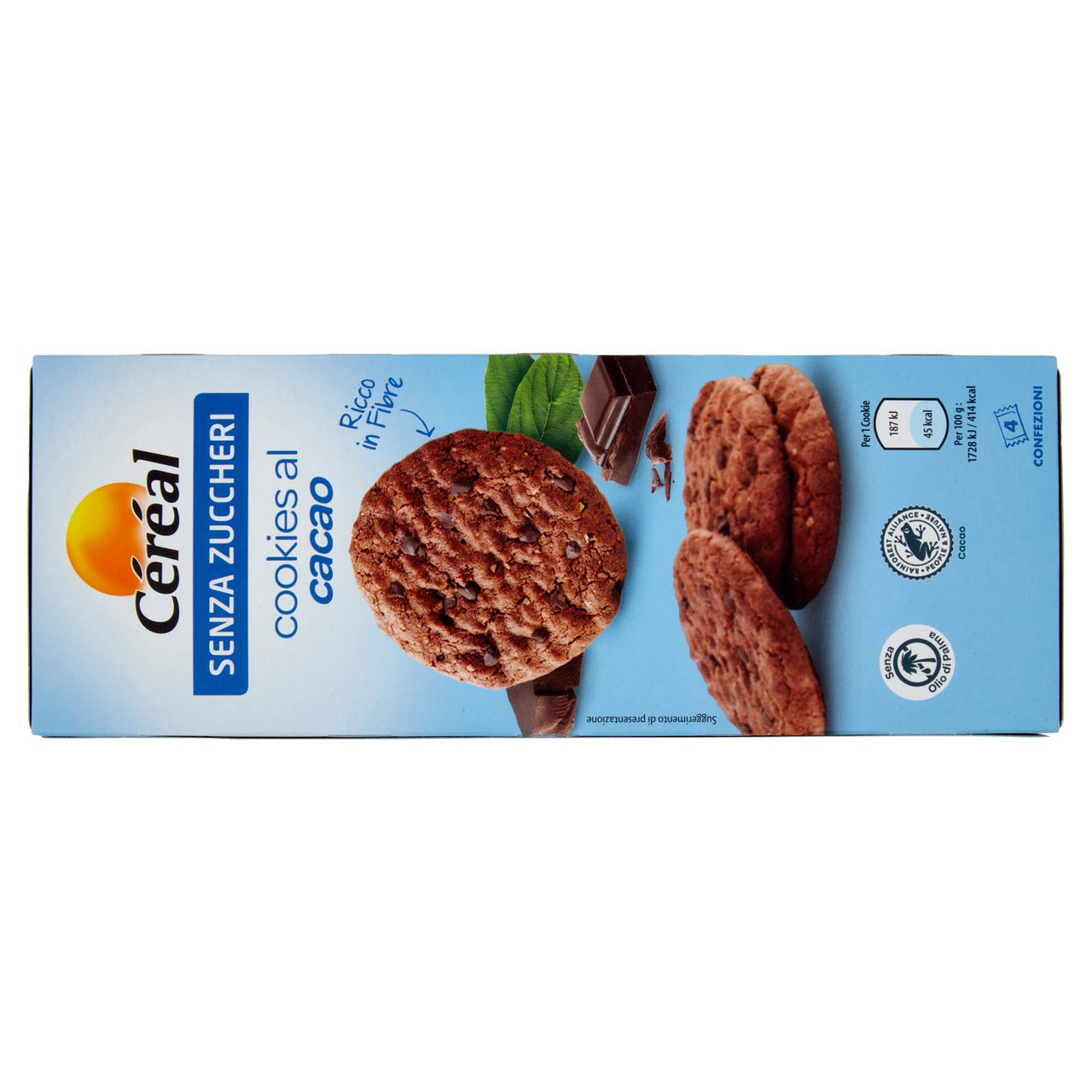 Céréal senza zuccheri Cookies al cacao Senza olio di palma Ricco in fibre 4 confezioni monodose 130g