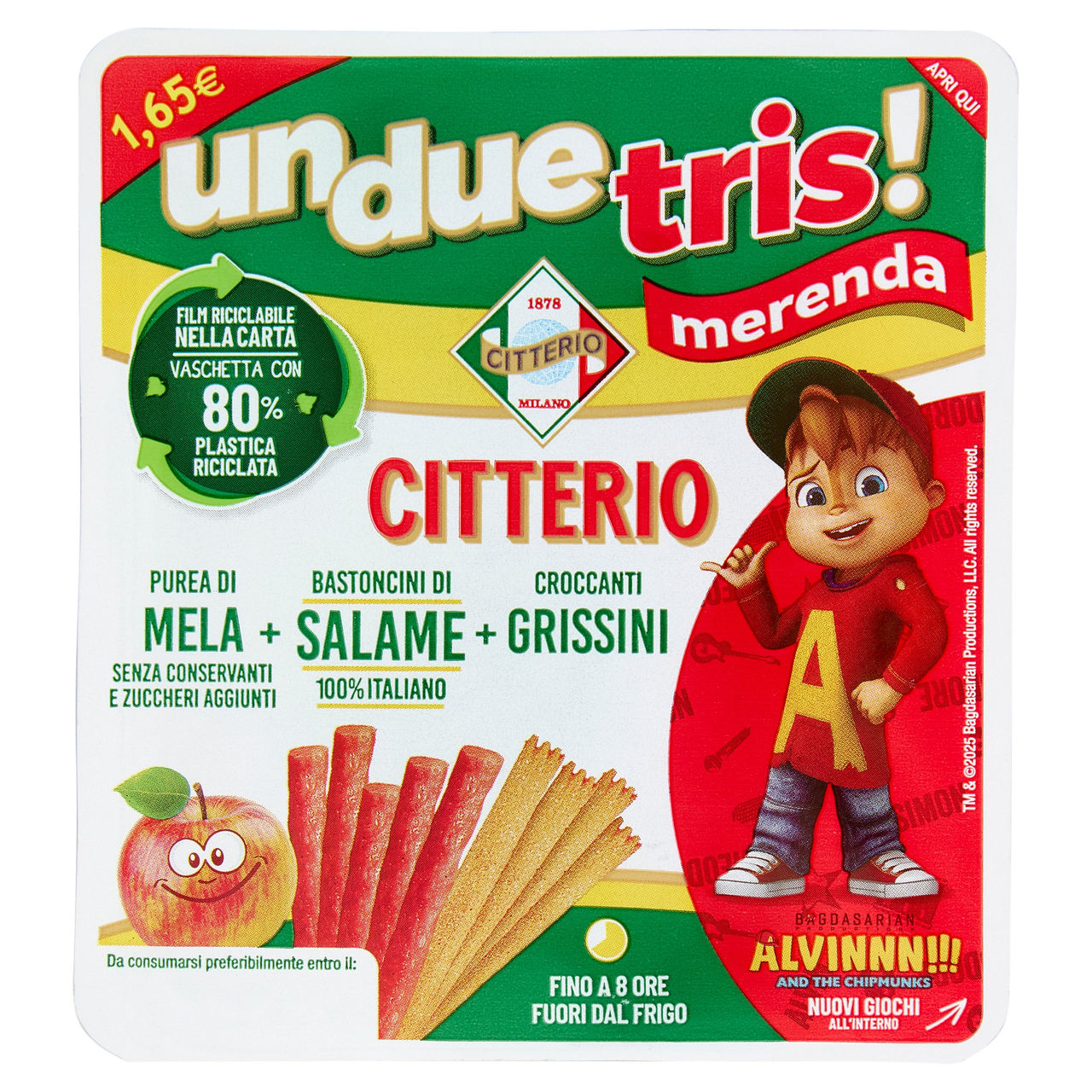 Citterio un due tris! merenda purea di mela   bastoncini di Salame   Grissini 122 g