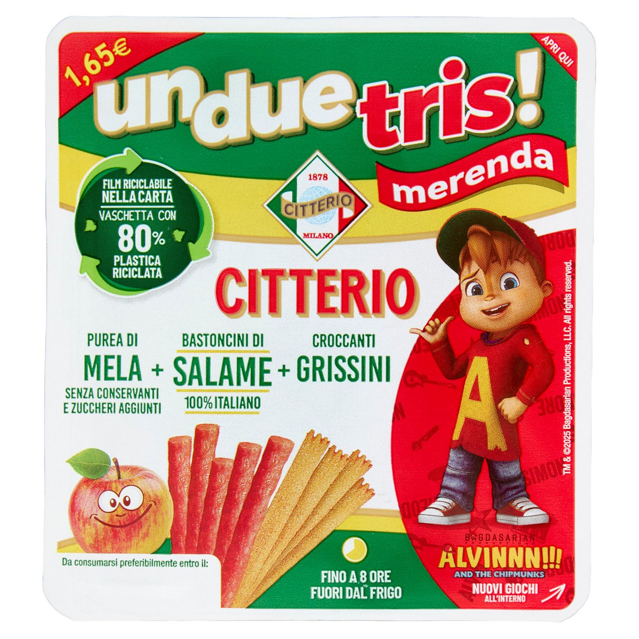 Citterio un due tris! merenda purea di mela   bastoncini di Salame   Grissini 122 g