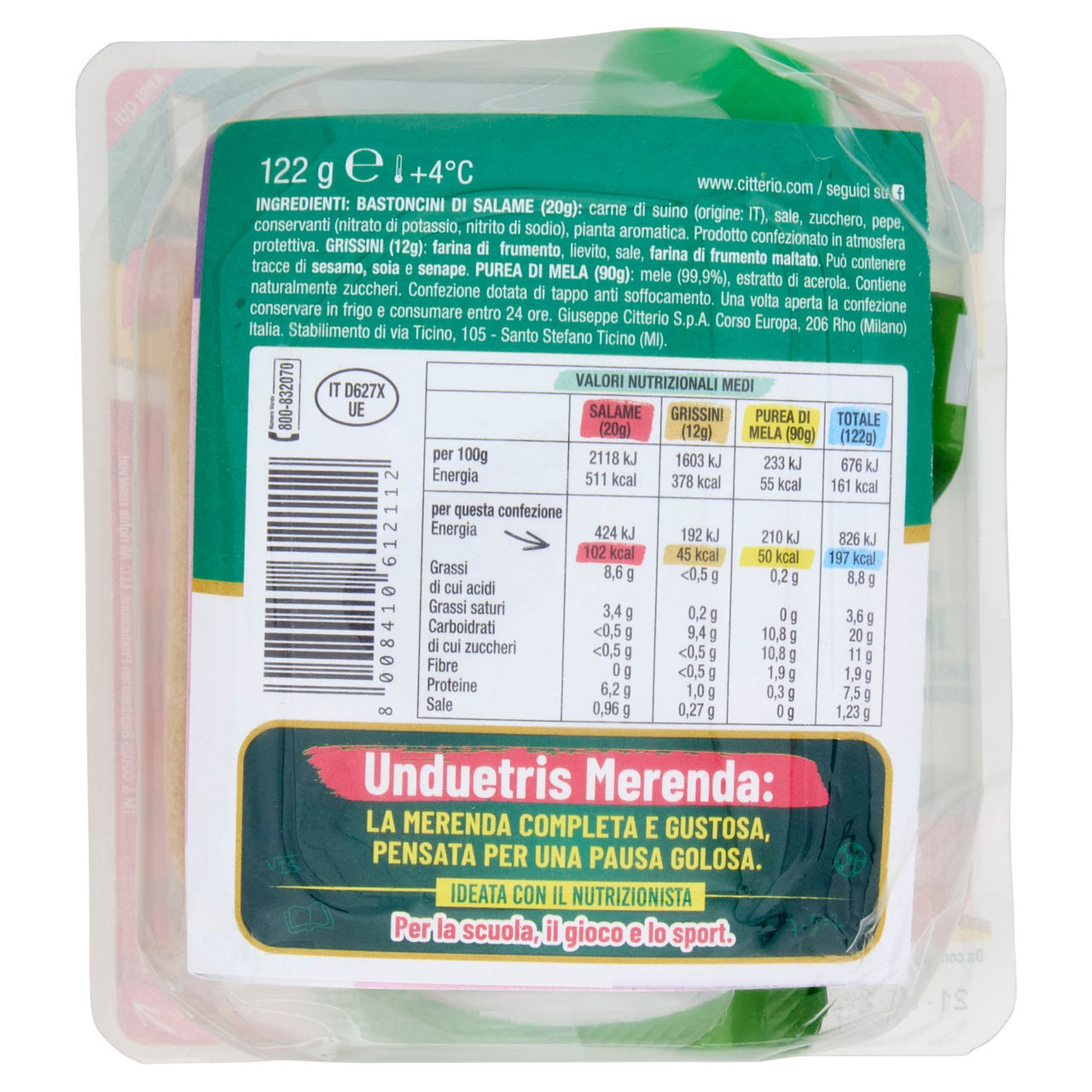 Citterio un due tris! merenda purea di mela   bastoncini di Salame   Grissini 122 g