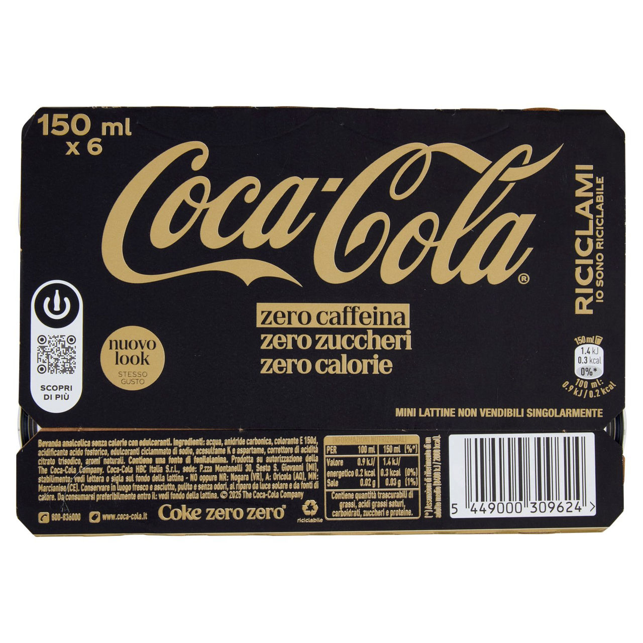 Coca-Cola Zero Caffeina Zero Zuccheri Minican 6 X 15cl