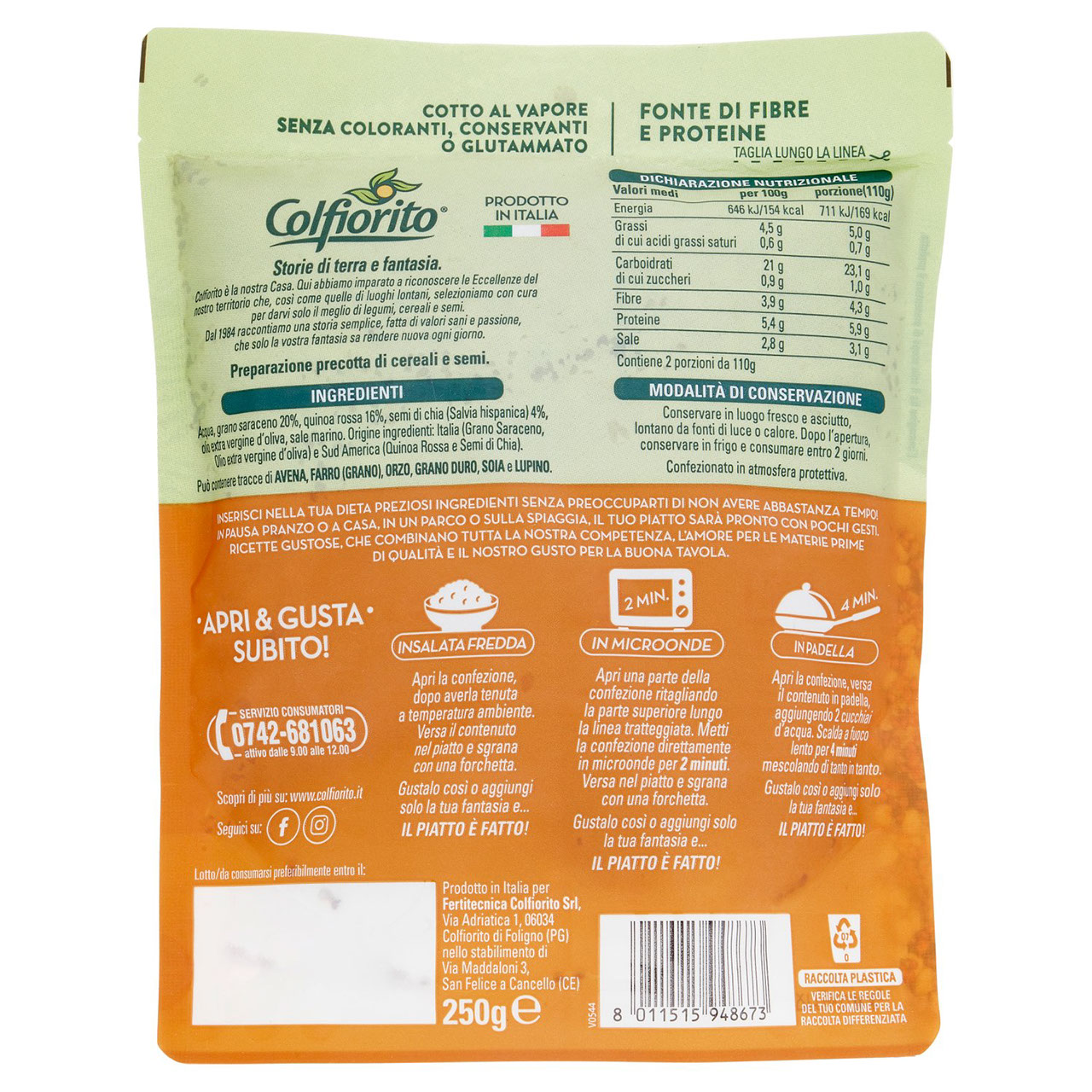 Colfiorito Piatto Fatto Grano Saraceno Italiano, Quinoa Rossa e Semi di Chia del Sud America 250 g