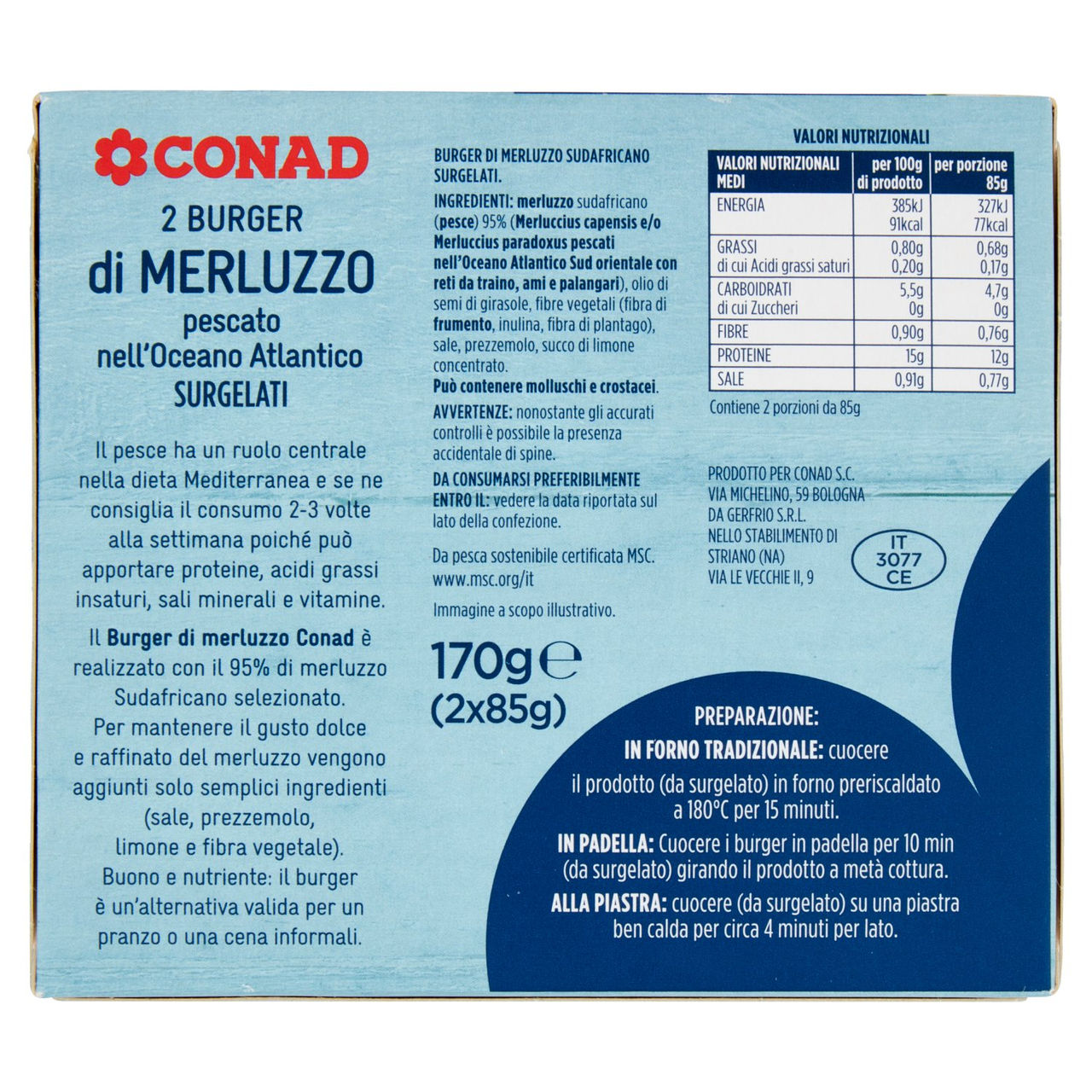 CONAD 2 Burger di Merluzzo Surgelati 2 x 85 g