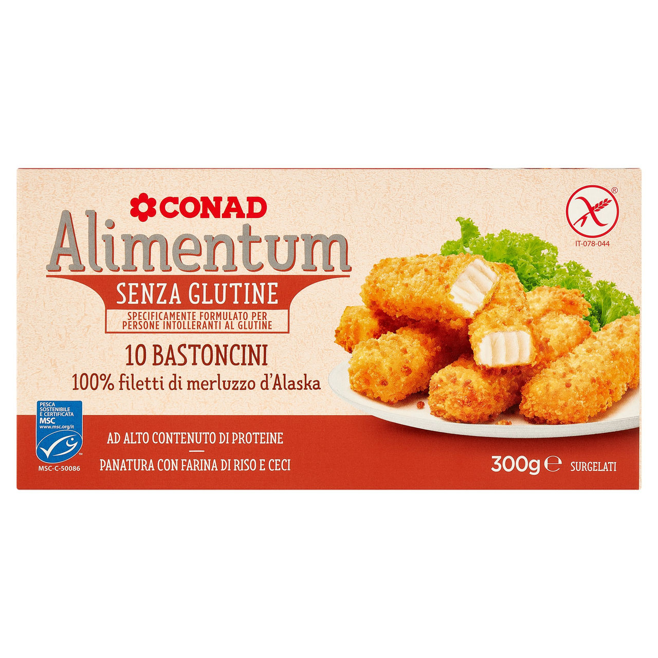 CONAD Alimentum Senza Glutine 10 Bastoncini 100% filetti di merluzzo d'Alaska Surgelati 300 g