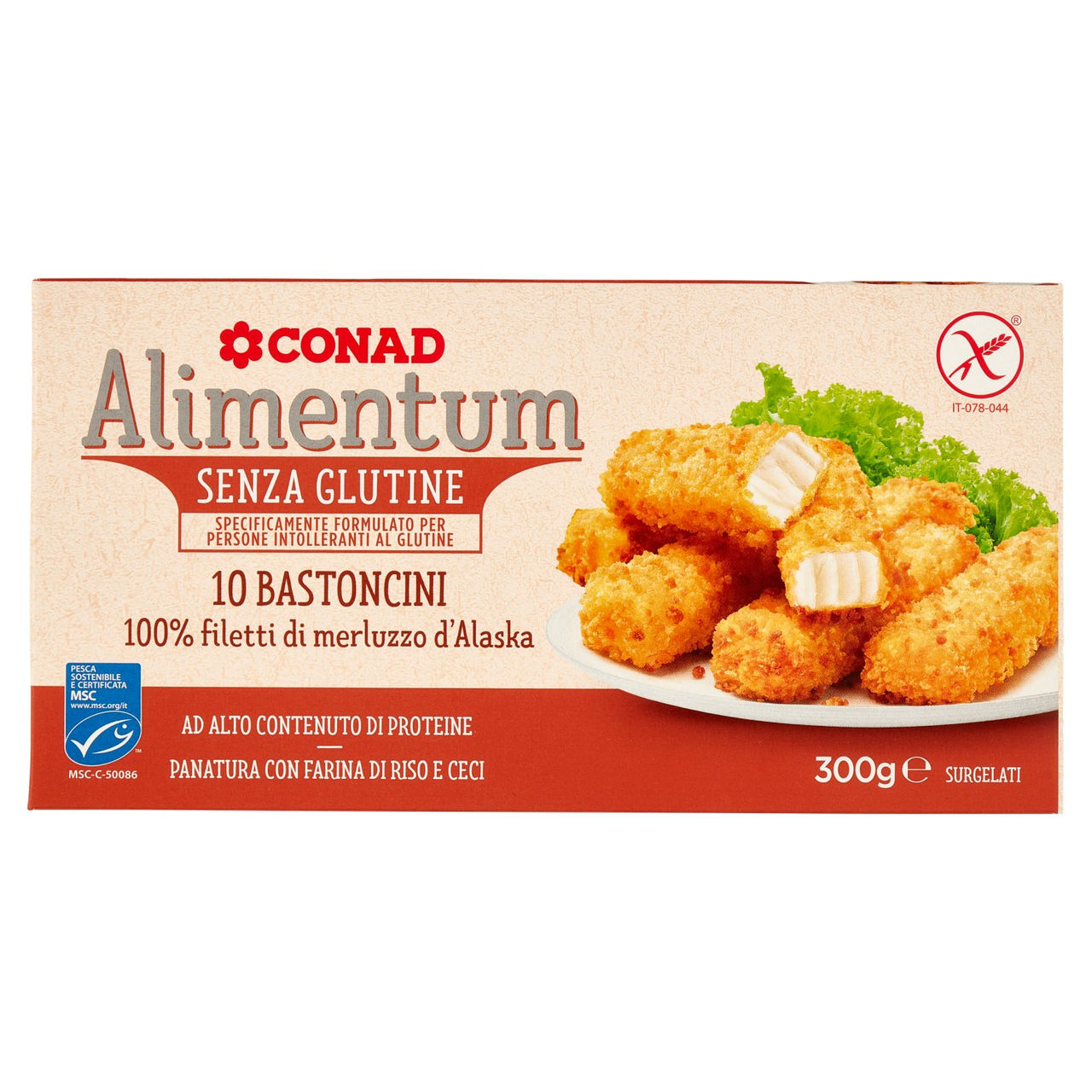 CONAD Alimentum Senza Glutine 10 Bastoncini 100% filetti di merluzzo d'Alaska Surgelati 300 g