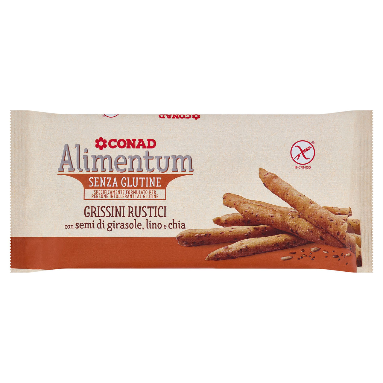 CONAD Alimentum Senza Glutine Grissini Rustici con semi di girasole, lino e chia 120 g