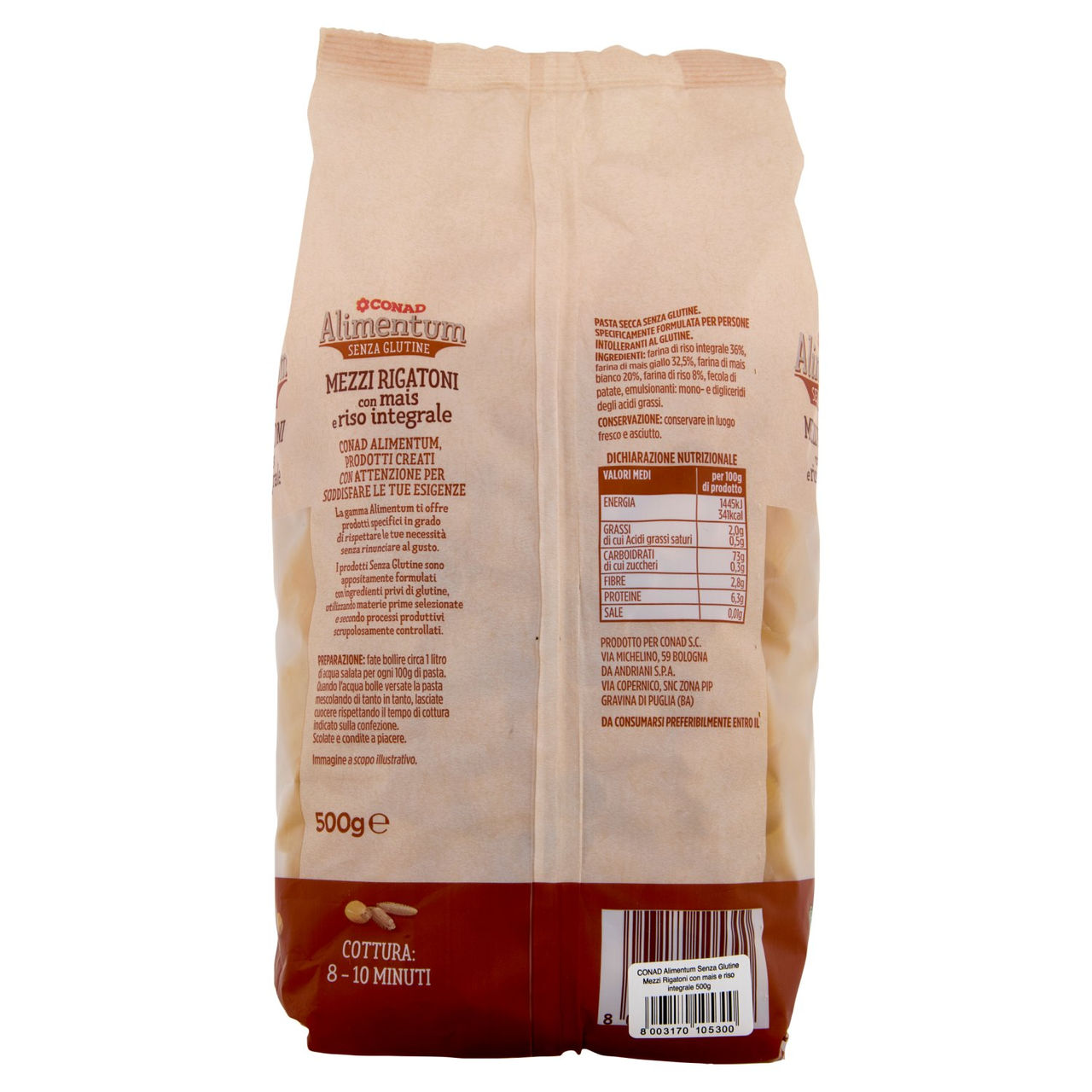 CONAD Alimentum Senza Glutine Mezzi Rigatoni con mais e riso integrale 500 g