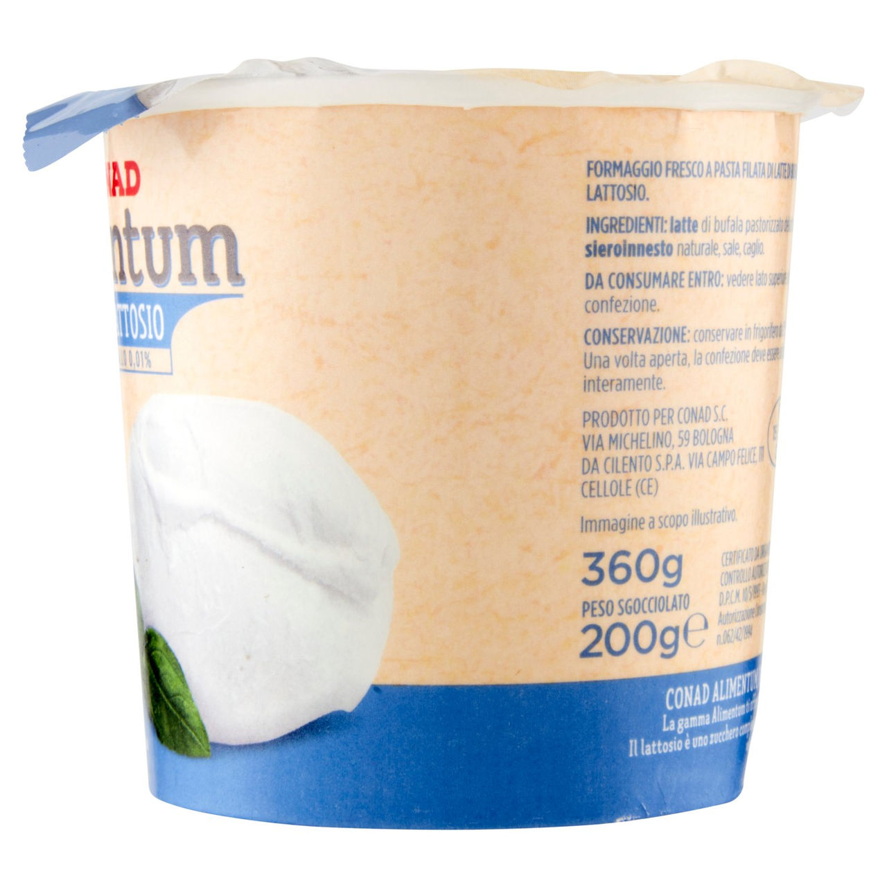 CONAD Alimentum Senza Lattosio Mozzarella di Bufala Campana DOP 200 g