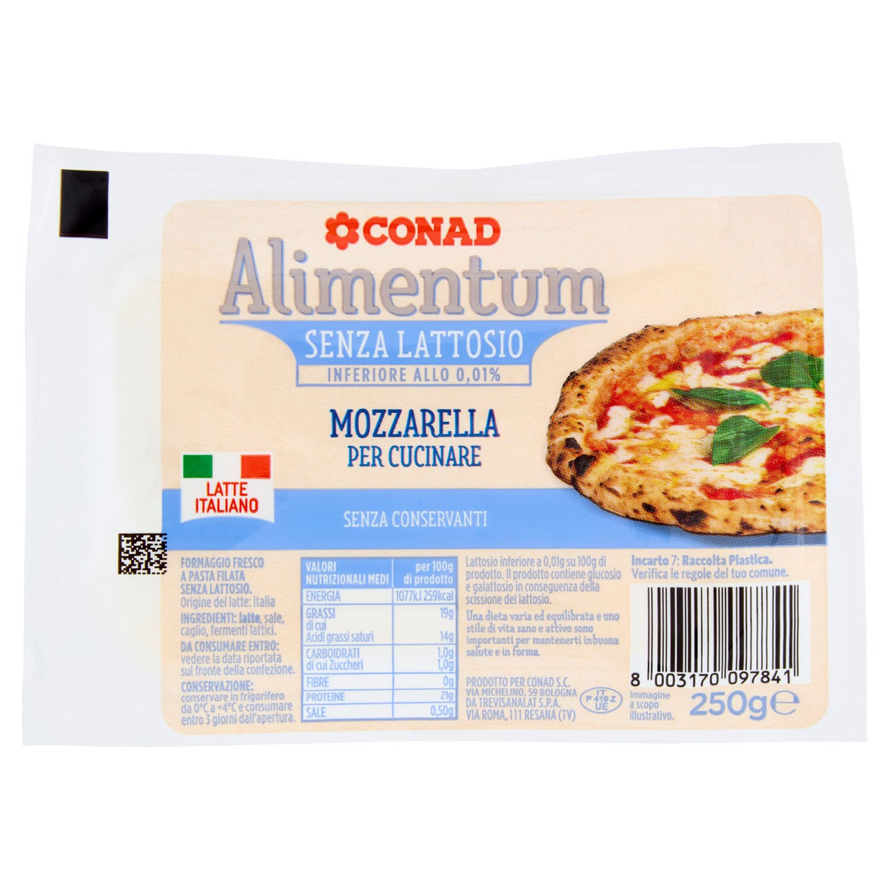 CONAD Alimentum Senza Lattosio Mozzarella per Cucinare 250 g