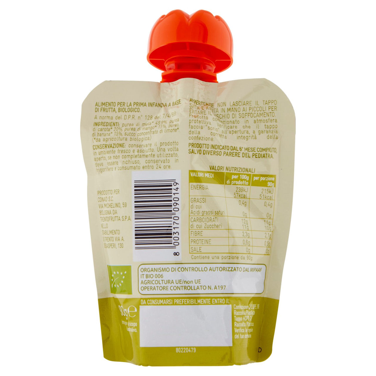 CONAD Baby 100% Mela, Banana, Carota e Mango Biologica 90 g