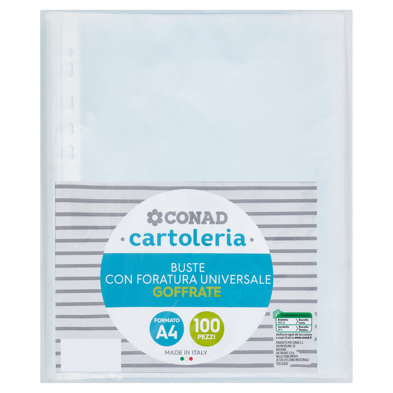 CONAD Cartoleria Buste con Foratura Universale Goffrate Formato A4 100 pz