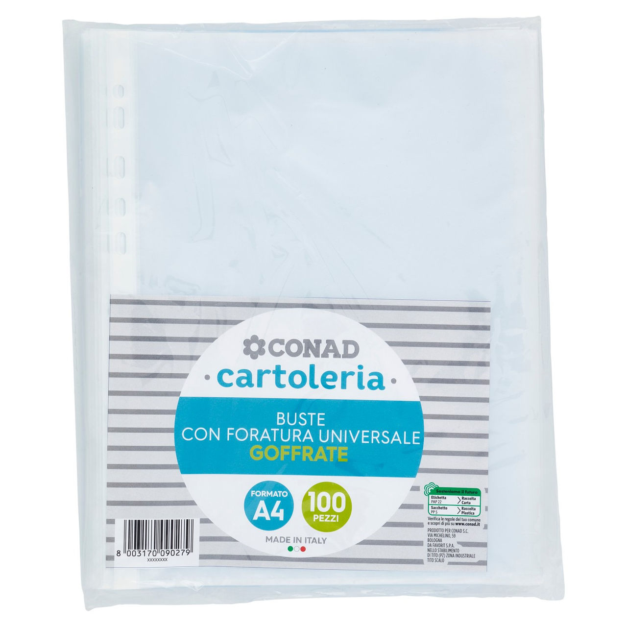 CONAD Cartoleria Buste con Foratura Universale Goffrate Formato A4 100 pz