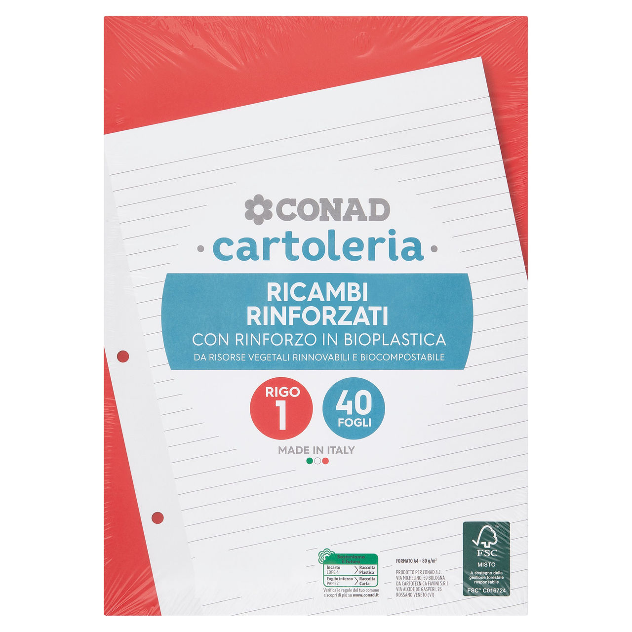 CONAD cartoleria Ricambi Rinforzati A4 80g Rigo 1 40 Fogli