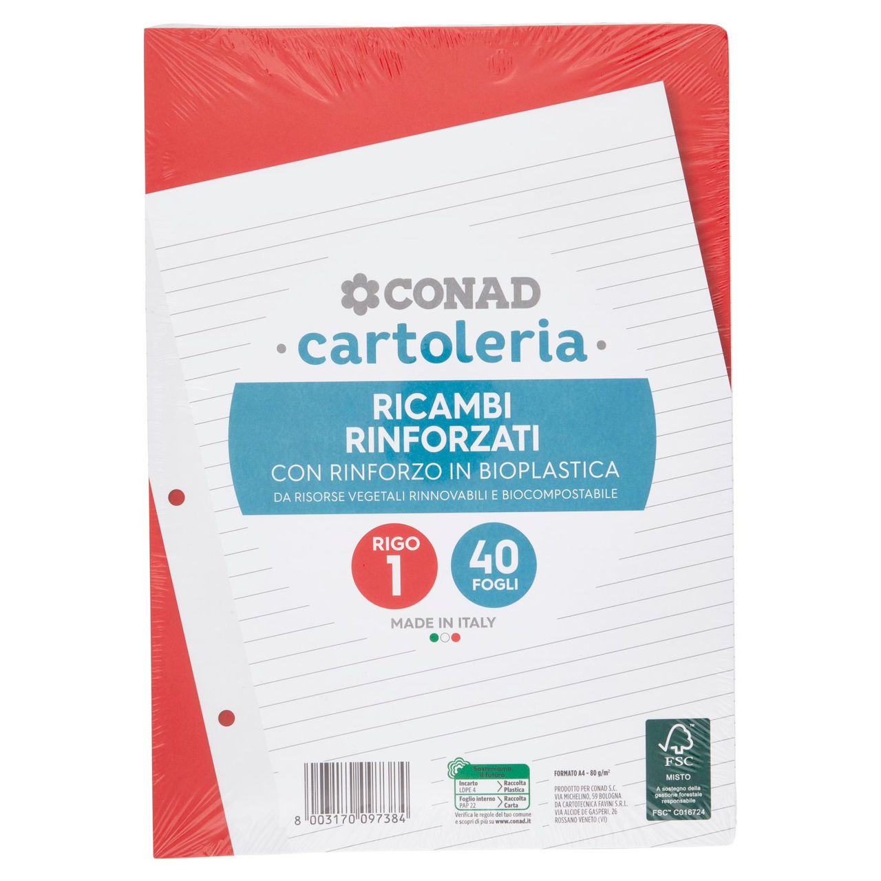 CONAD cartoleria Ricambi Rinforzati A4 80g Rigo 1 40 Fogli