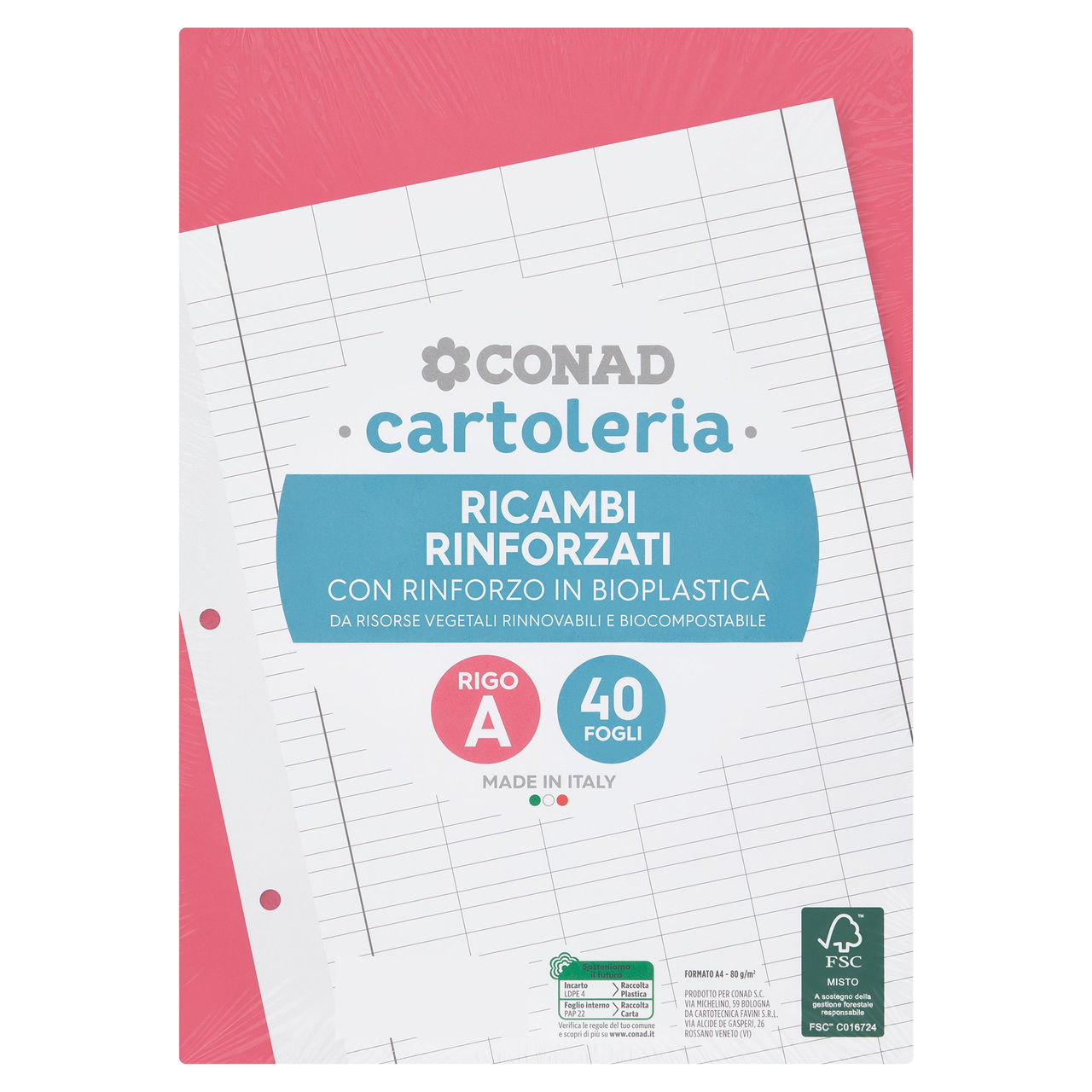 CONAD cartoleria Ricambi Rinforzati A4 80g Rigo A 40 Fogli