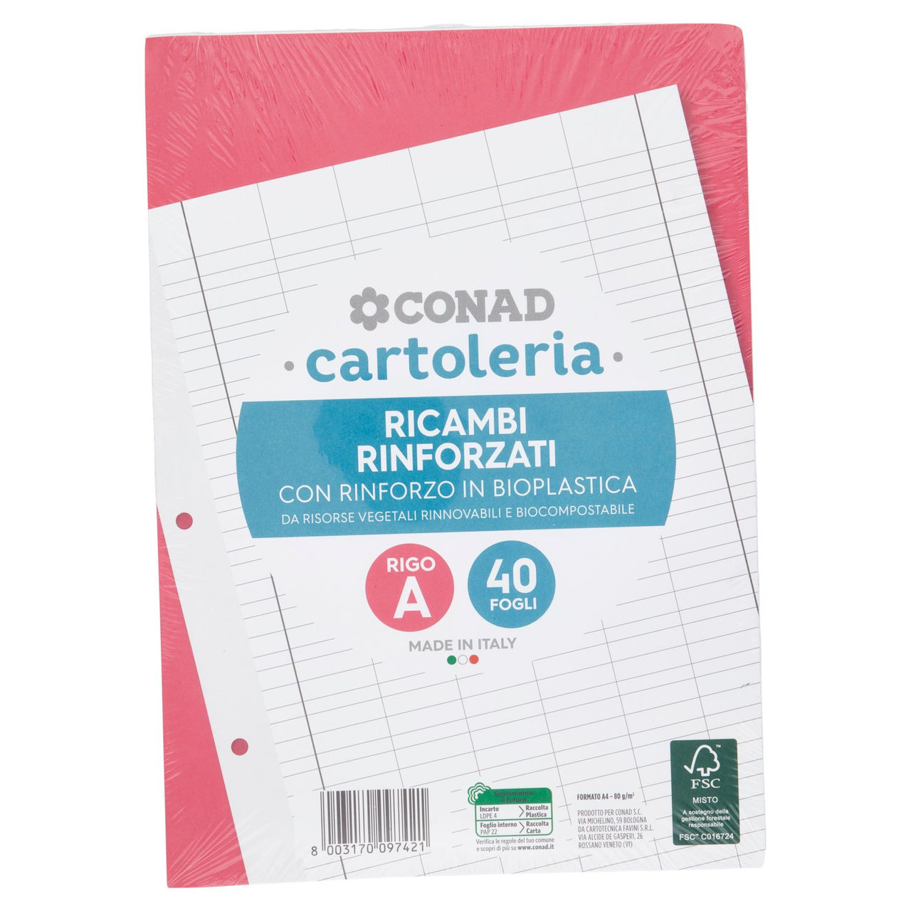 CONAD cartoleria Ricambi Rinforzati A4 80g Rigo A 40 Fogli