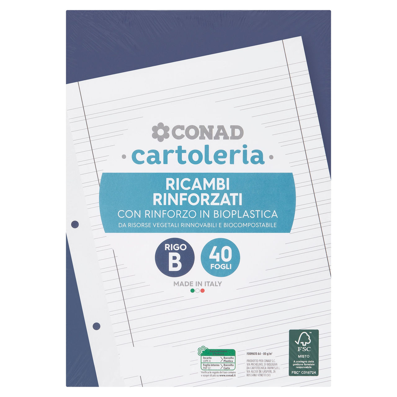 CONAD cartoleria Ricambi Rinforzati A4 80g Rigo B 40 Fogli