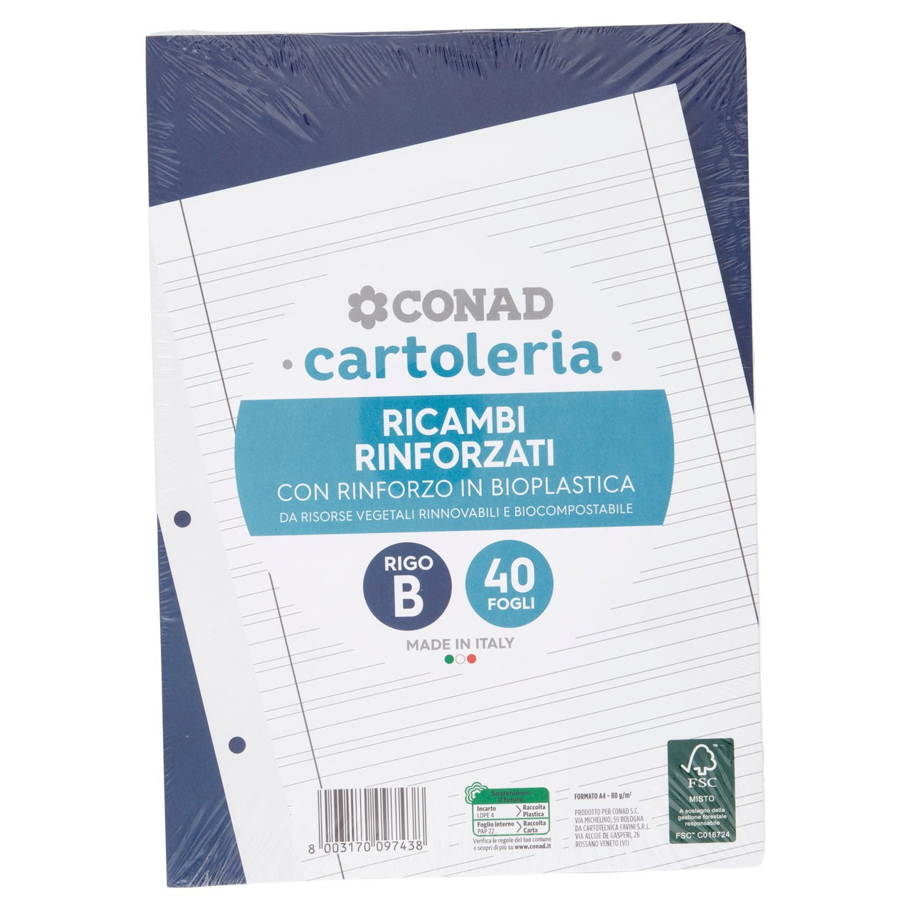 CONAD cartoleria Ricambi Rinforzati A4 80g Rigo B 40 Fogli