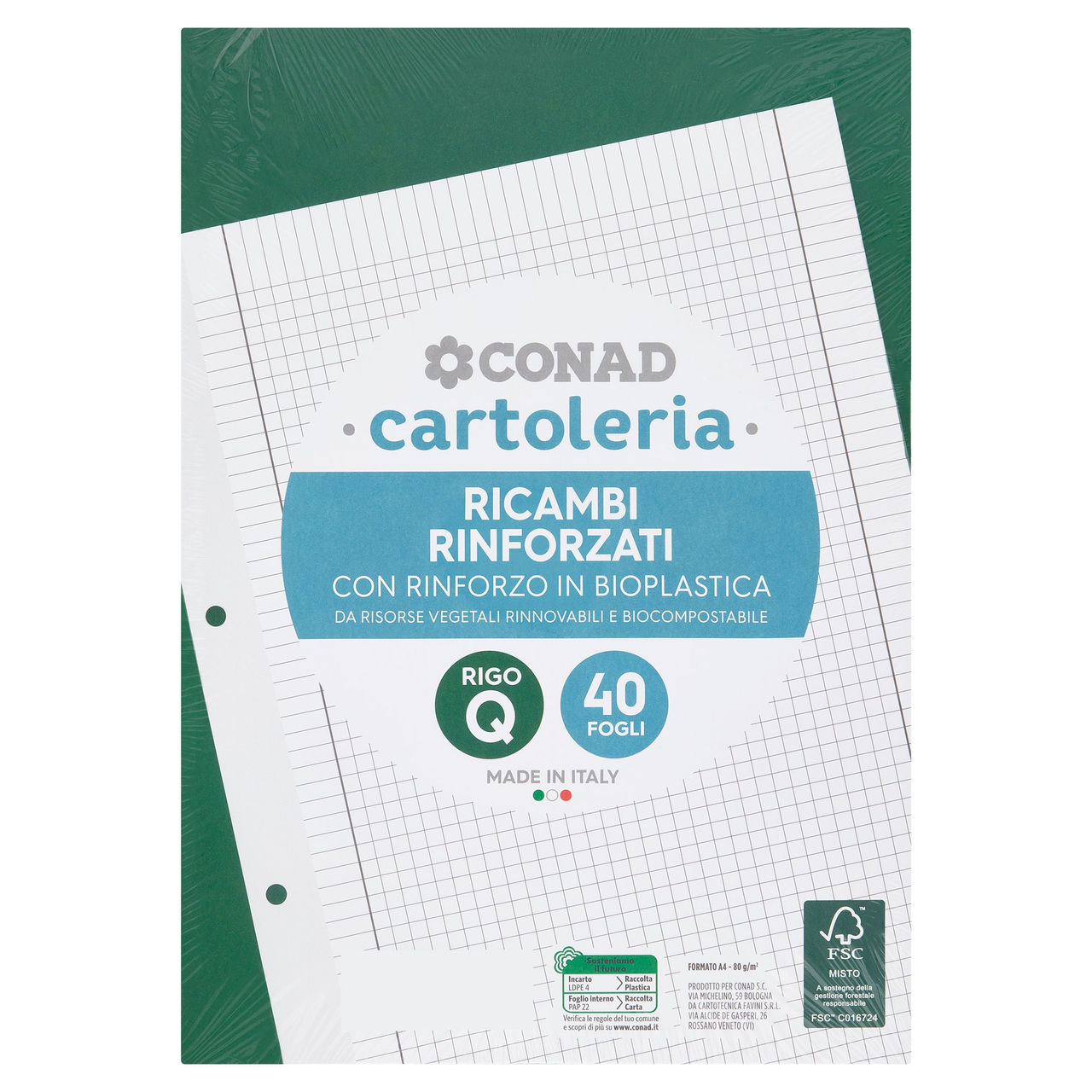 CONAD cartoleria Ricambi Rinforzati A4 80g rigo Q 40 Fogli